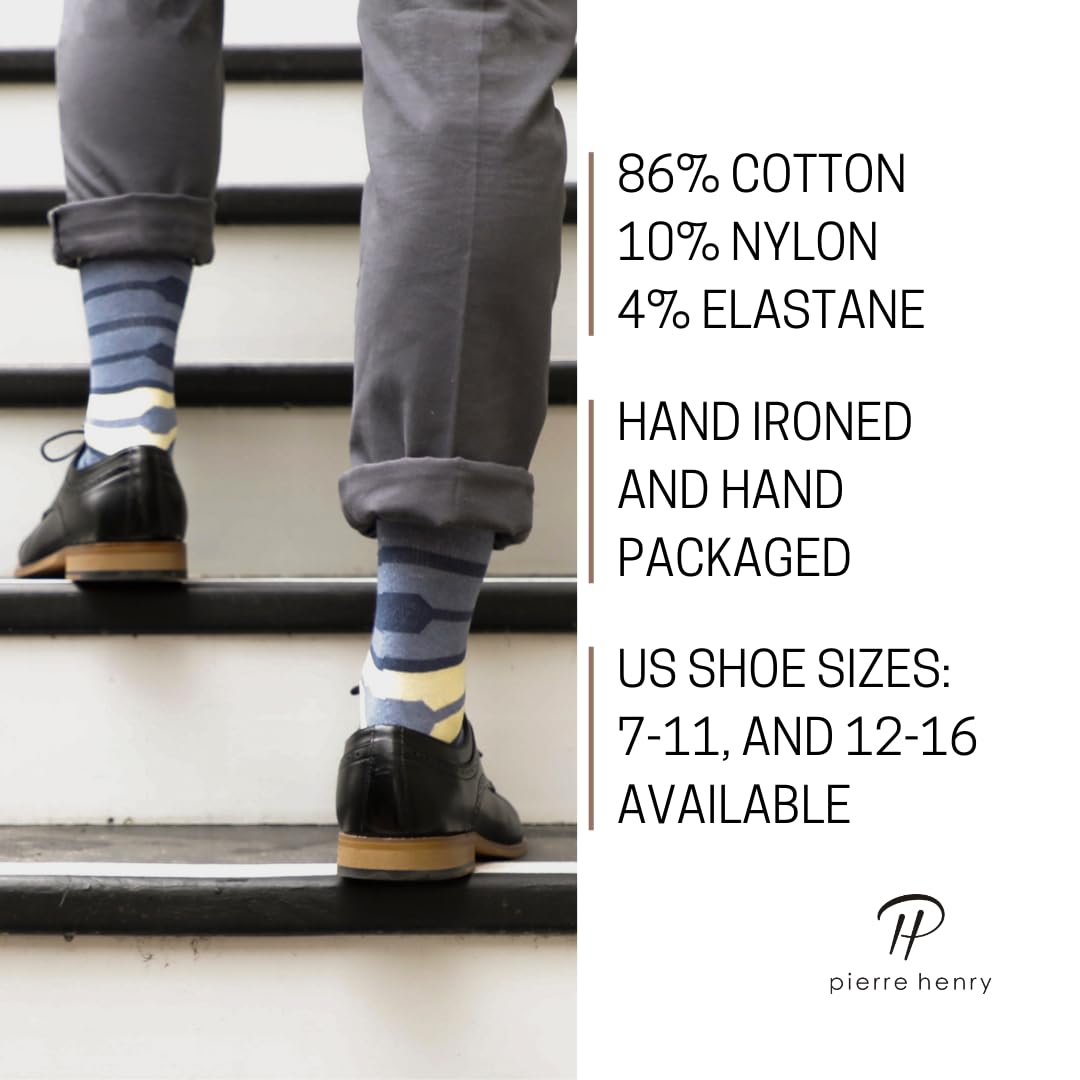 Pierre Henry Men's Over the Calf Dress Socks - 9 Pairs Colorful Funky Cotton Socks for Business & Casual Wear | Perfect for Office, Parties & Formal Events