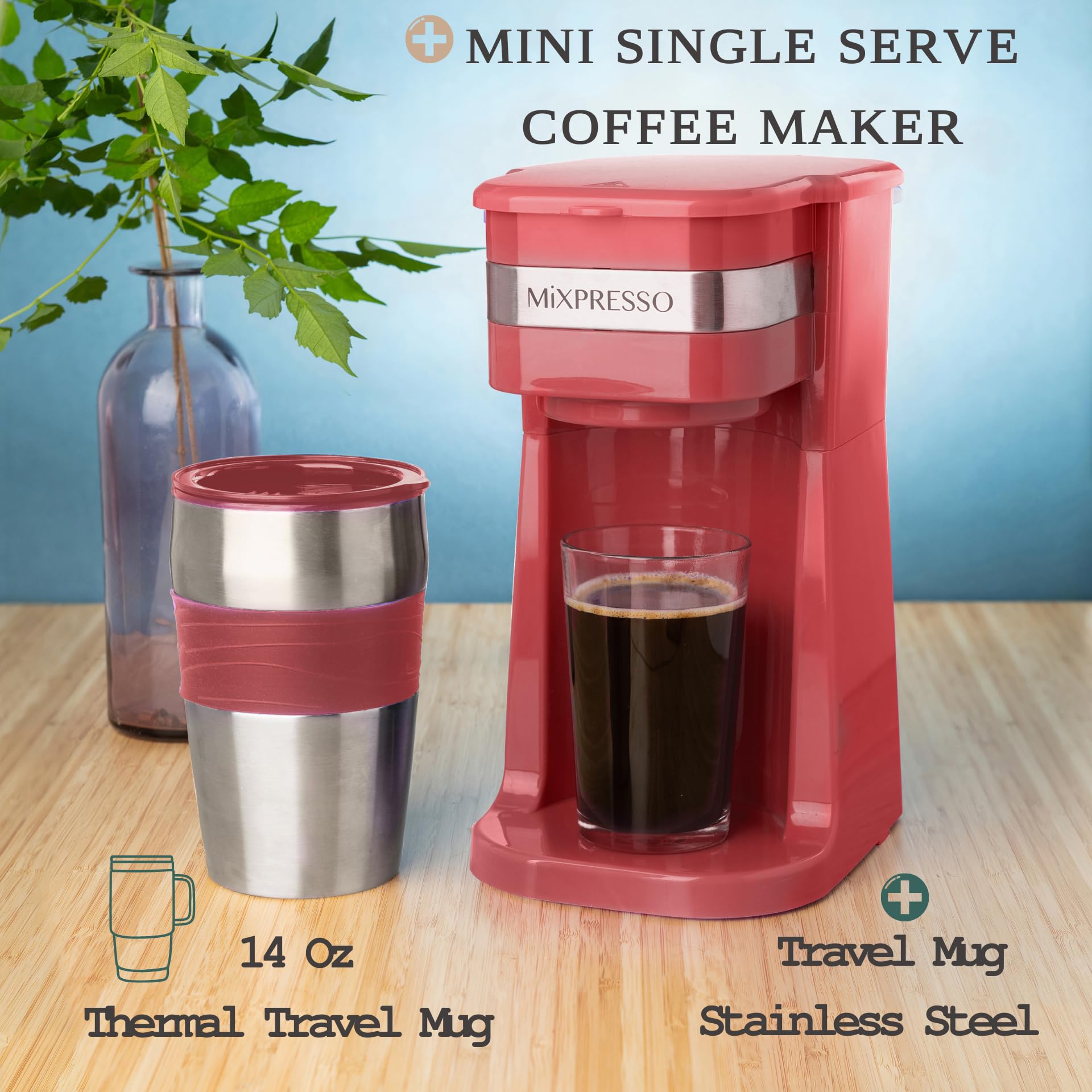 Mixpresso Personal Single-Serve Coffee Maker with 14oz Travel Mug | Compact Drip Coffee Machine & Insulated Tumbler | Auto Shut-Off & Reusable Filter | Ground Coffee Compatible | Perfect for Home, Office & Travel | Red