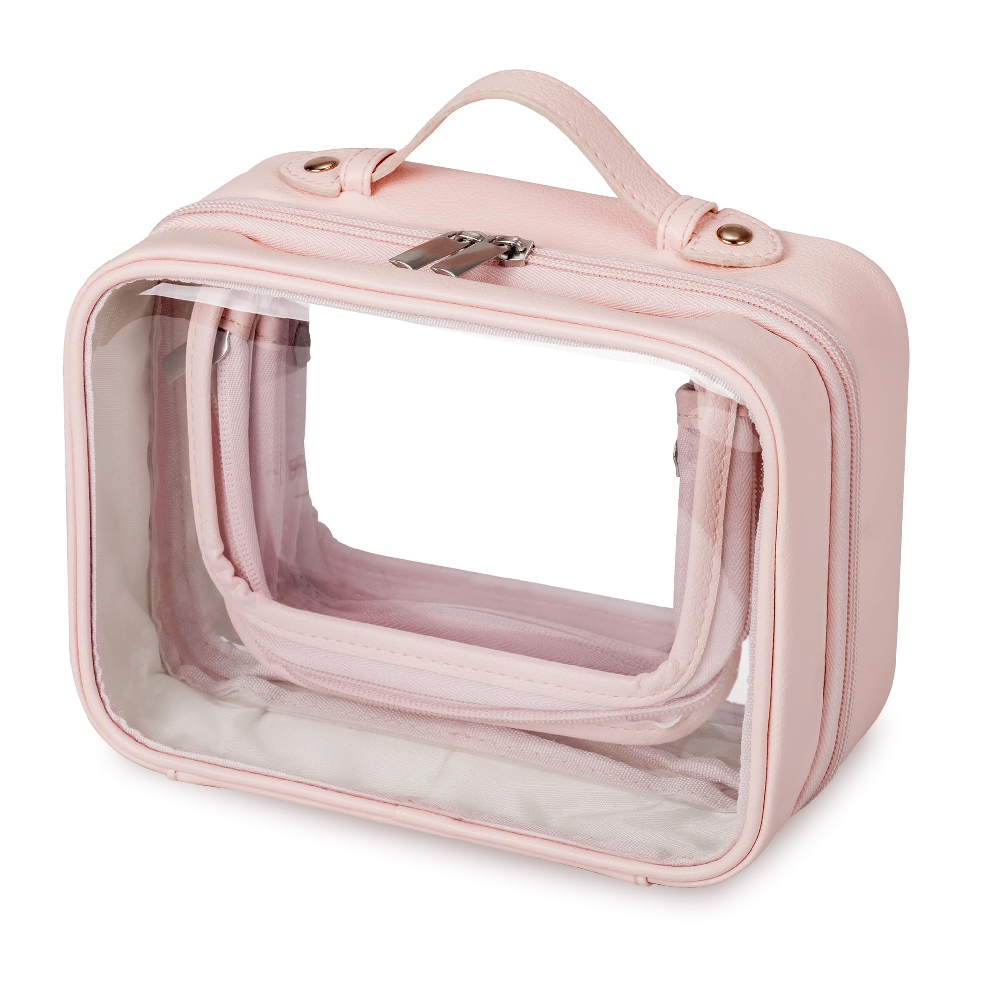 TSA Approved Clear Toiletry Bag for Women - Waterproof PVC Travel Cosmetic Organizer with Leather Accents (Pink) | Perfect for Air Travel, Gym & Weekend Getaways