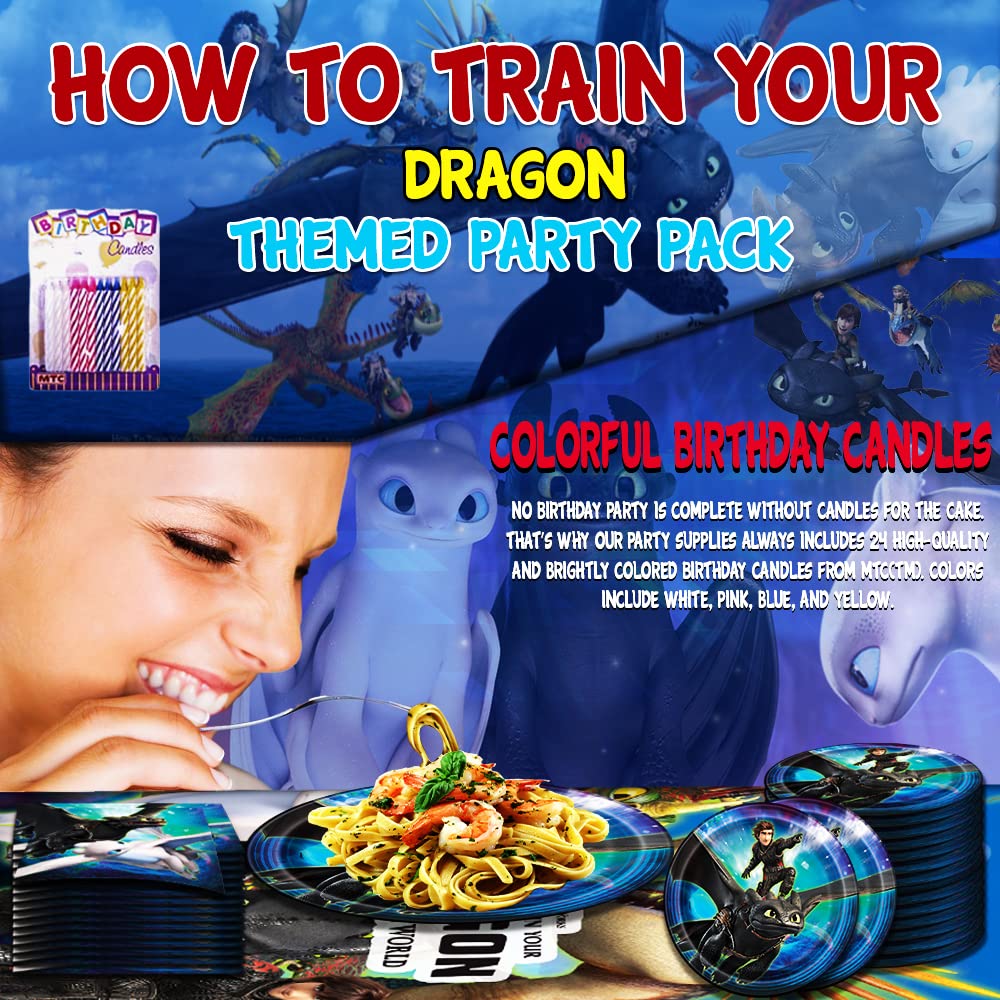 How to Train Your Dragon Party Supplies Set - 16-Piece Birthday Party Kit with Dragon-Themed Paper Plates, Luncheon Napkins & 24 Candles - Perfect for Kids' Birthday Parties, Themed Events & Movie Nights