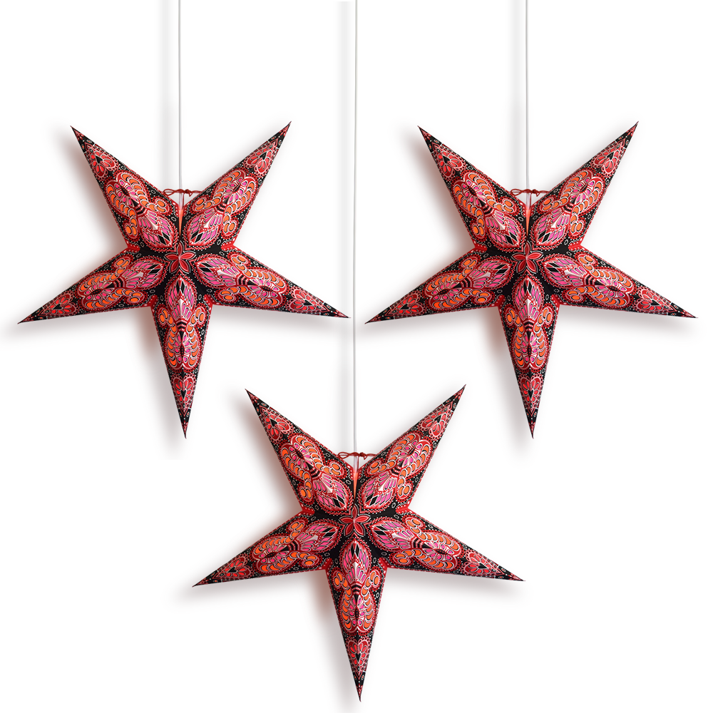 3 Pack Red Black Peacock 24 Inch LED Illuminated Paper Star Lanterns with Bulbs & Cord - Party Decor, Wedding Lighting, Festival Holiday Home Decoration