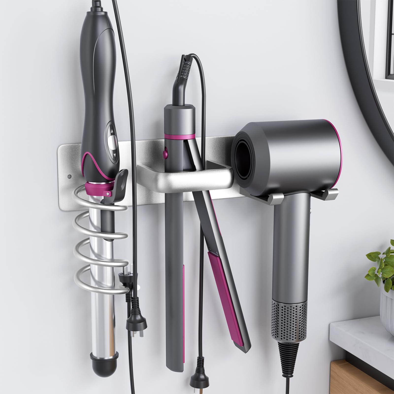 3-in-1 Wall Mount Hair Dryer Holder & Organizer for Blow Dryer, Curling Iron & Flat Iron - Universal Bathroom Storage Rack in Brushed Nickel (Perfect for Salon, Home & Travel Use)