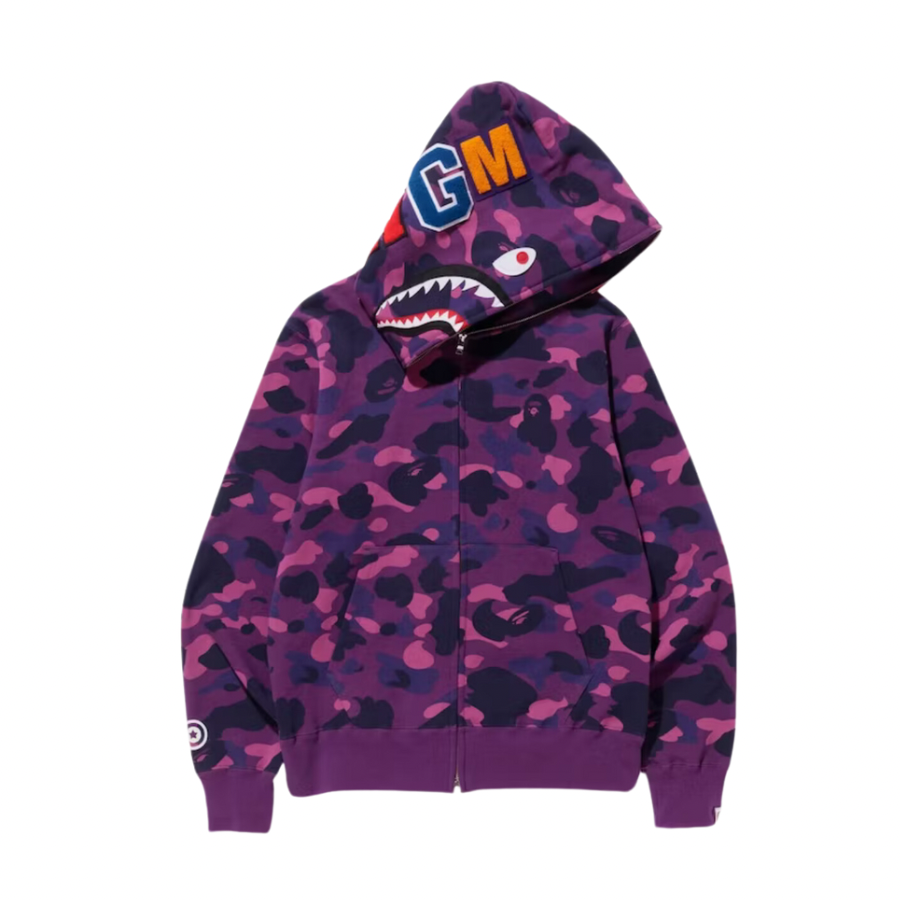 BAPE Color Camo Shark Full Zip Hoodie - Purple & Black Streetwear for Men | Urban Fashion & Casual Wear