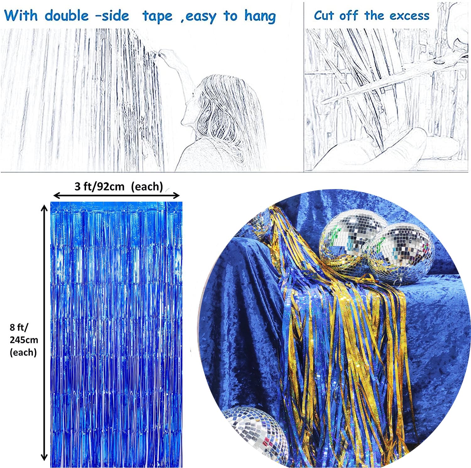 Navy Blue & Gold Graduation Party Decorations 2025 - Metallic Foil Fringe Curtains Backdrop for Graduation, Birthday & Special Events - Blue & Yellow Party Supplies for Wall Decor & Photo Booth Background