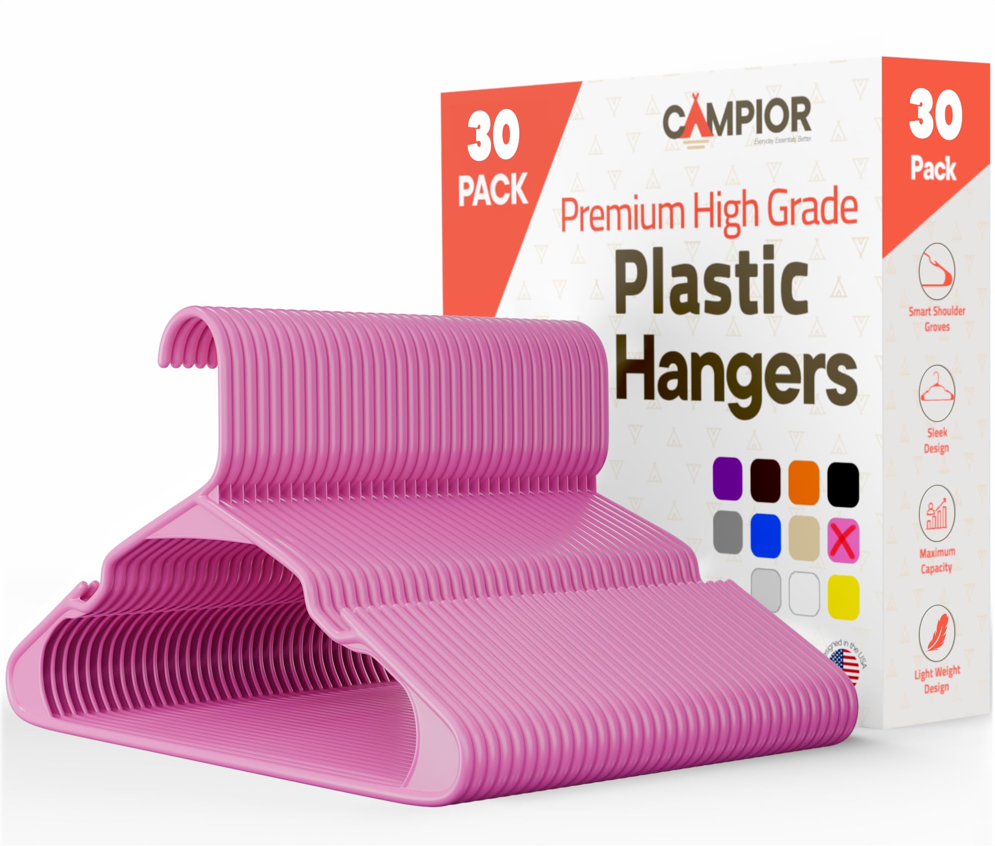 30 Pack Pink Plastic Hangers - Heavy Duty Space Saving Non-Slip Clothes Hangers for Dresses, Suits, Jackets & Camisoles | Durable Lightweight PP Garment Hangers for Closet Organization & Travel