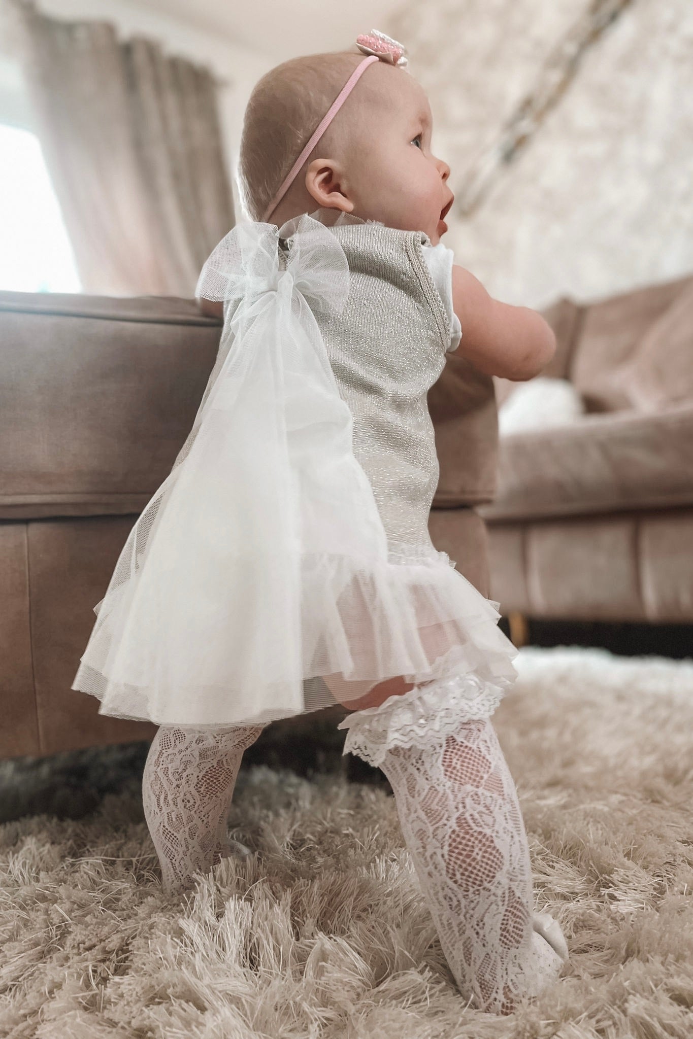 Grace Sparkly Stone Knitted Tulle Bow Dress for Girls - Elegant Party Gown for Birthday, Wedding & Special Occasions