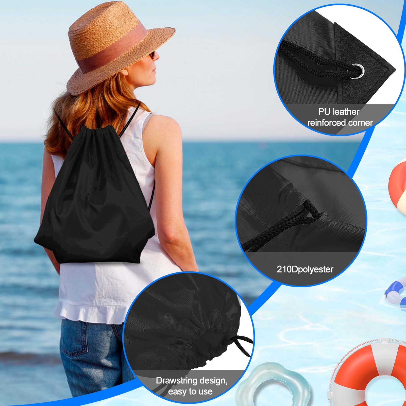 PLULON 6-Pack Black Drawstring Backpacks - Reusable Cinch Sacks for Gym, Yoga, Travel & Outdoor Sports | Lightweight & Durable String Bags for School, Beach, Camping & Fitness Activities