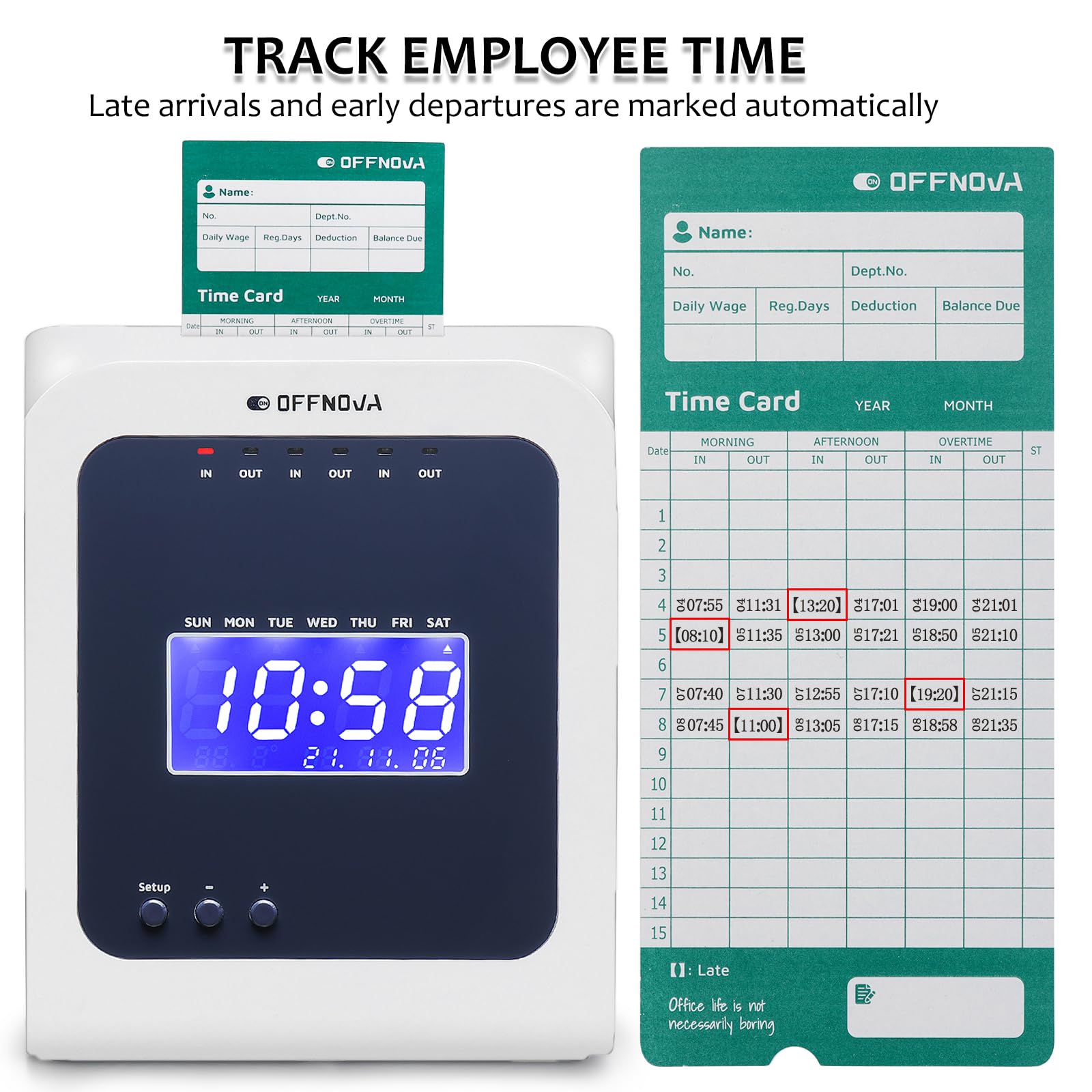 OFFNOVA Thermal Time Clock for Employees - No Ink, No Network Required - Punch In/Out Time Attendance Machine with 50 Time Cards - Perfect for Small Businesses, Retail Stores & Offices