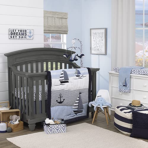 Nautica Nautical Adventure 4-Piece Crib Bedding Set - Blue & White Sailboat, Anchor & Waves Design, 100% Cotton Comforter, Fitted Sheet, Crib Skirt & Storage Bag - Perfect for Baby Nursery, Boys' Room or Coastal-Themed Decor (Navy, Light Blue, White)