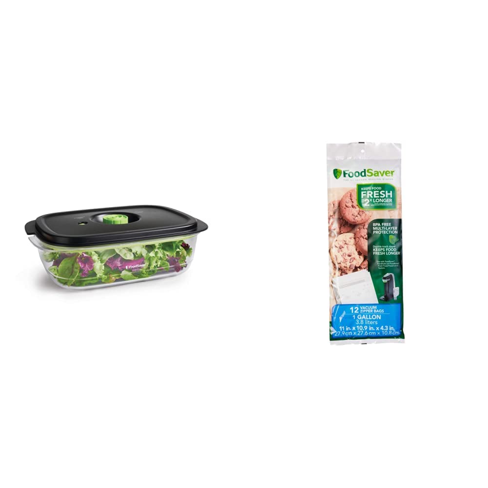 FOODSAVER 2129973 10-Cup Vacuum Sealer Container with 1-Gallon Vacuum Zipper Bags (12 Count) - Clear Food Storage System for Preserving & Marinating | Perfect for Meal Prep, Sous Vide & Freezer Storage