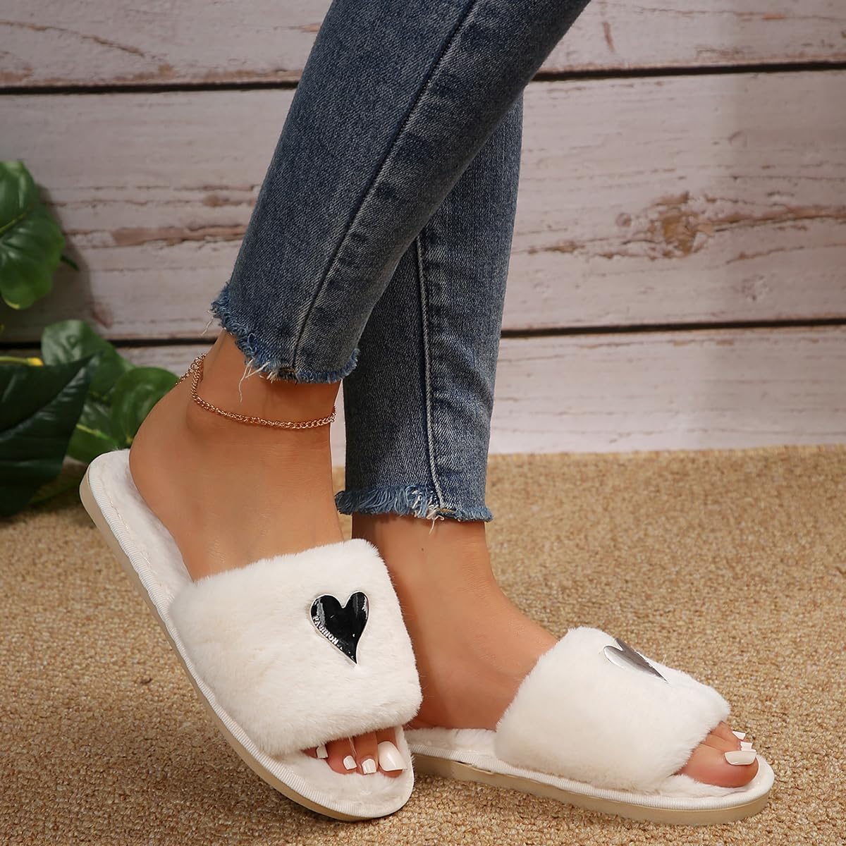 Women's Fuzzy Fluffy Slippers - Cozy Heart Design Open Toe House Slides for Indoor Comfort, Perfect for Brides & Home Relaxation | Ideal for Lounging, Spa Days & Wedding Preparations