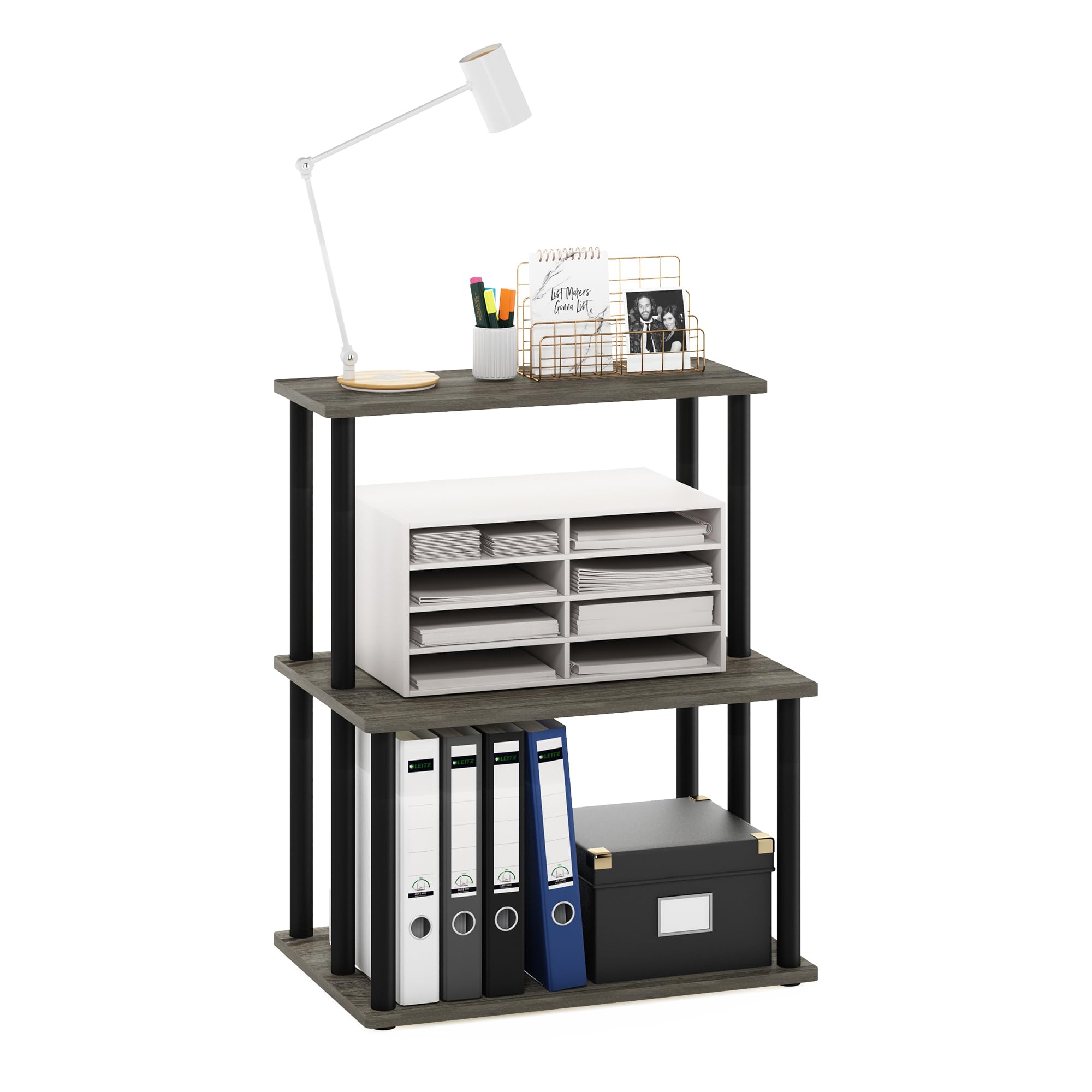 Furinno Turn-N-Tube 3-Tier Multipurpose Printer Stand - Tool-Free Assembly Storage Shelf for Office & Home - French Oak Grey/Black - Perfect for Organizing Printers, Books & Office Supplies
