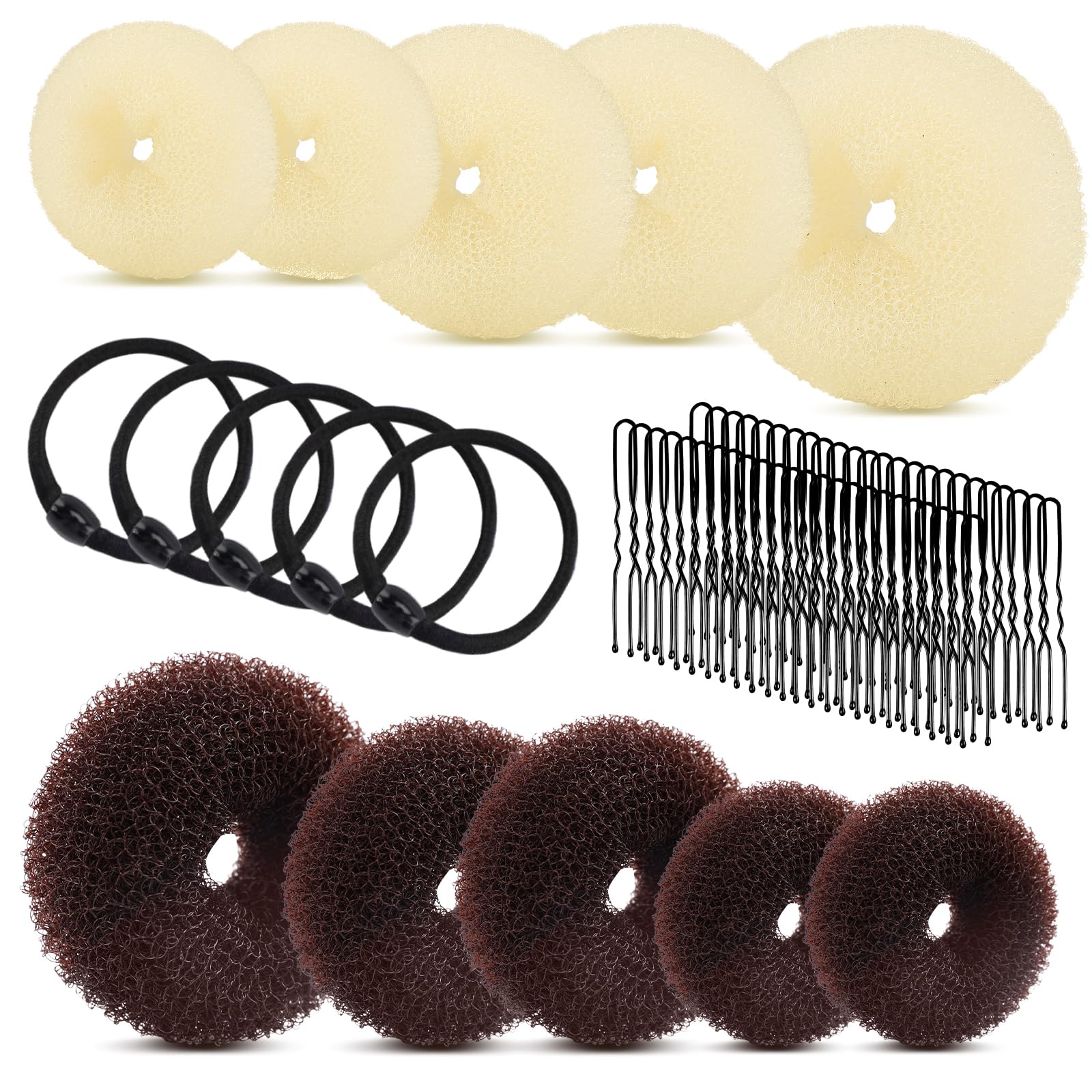 65 Pcs Hair Accessories Set - 5 Beige & 5 Brown Hair Donut Bun Makers (2 Large, 4 Medium, 4 Small) + 50 U-Shaped Pins & 5 Hair Ties | Perfect for Ballet, Dance, School & Everyday Hairstyles for Girls with Long Hair