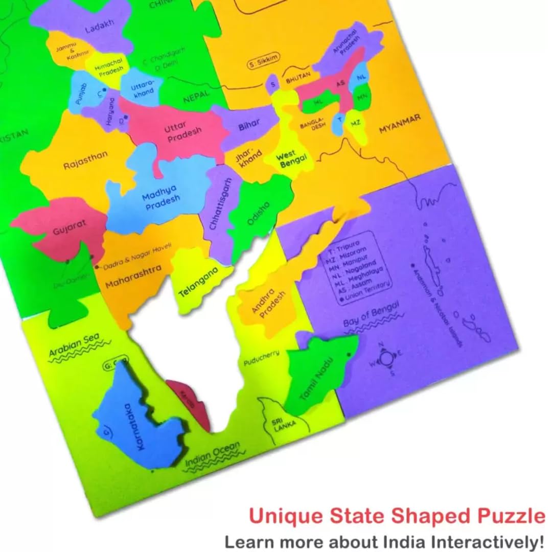 Storio EVA Foam India Map Puzzle for Kids - Educational Geography Learning Toy with Fun Fact Cards - STEM Jigsaw Puzzle for Ages 4-8 - Perfect Birthday Gift for 4-8 Year Old Boys & Girls - Great for Classroom, Homeschool & Family Game Night