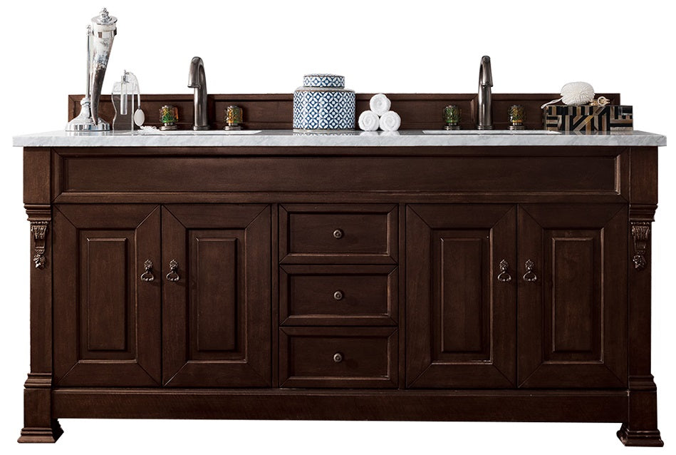 Brookfield 72 Inch Double Vanity with Burnished Mahogany Finish & 3CM Arctic Fall Solid Surface Top - Perfect for Master Bathroom or Luxury Home Renovation