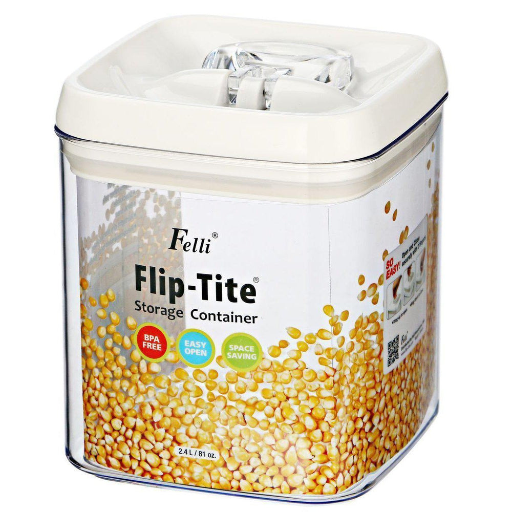 Felli Flip Tite 2.4L Extra Large Square Pantry Container - Airtight Food Storage for Flour, Sugar, Rice & Dry Goods - Perfect for Kitchen Organization & Bulk Food Storage