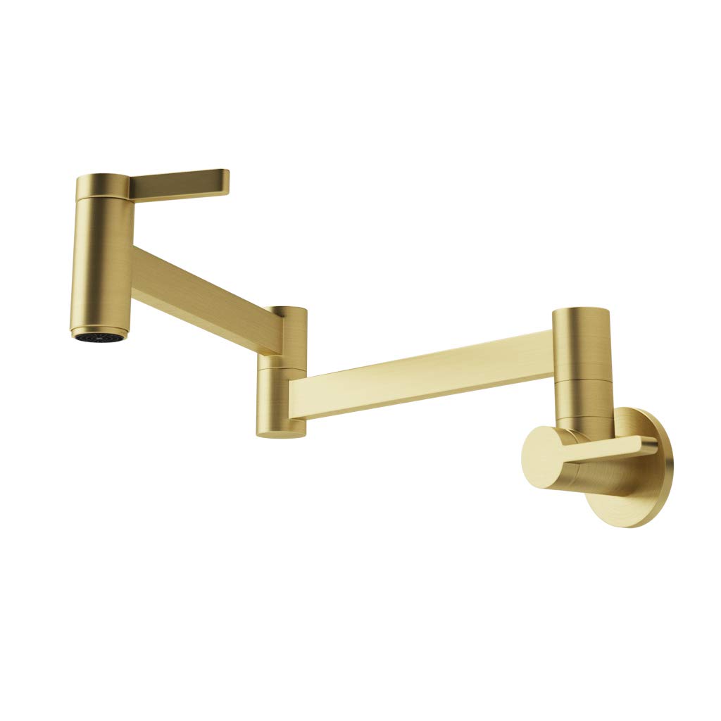 Brushed Gold Wall Mount Pot Filler Faucet - Solid Brass Swing Arm Folding Kitchen Faucet with Single Hole & Two Handles - Perfect for Modern Kitchens, Cooking Stations & High-End Restaurant Installations