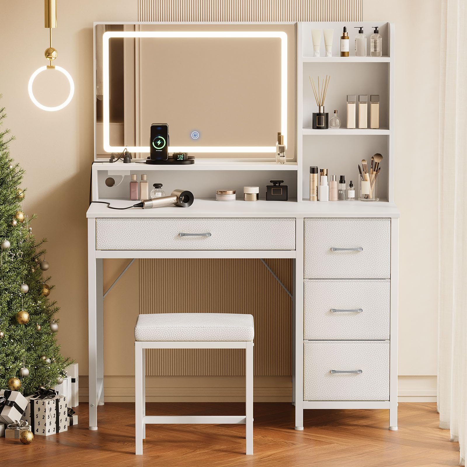 Rolanstar White Vanity Desk Set with Mirror, LED Lights & Stool - 4 Drawers, Power Outlets, Storage Compartments - Modern Dressing Table for Makeup, Skincare & Bedroom Organization (Perfect for Small Spaces & Beauty Routines)