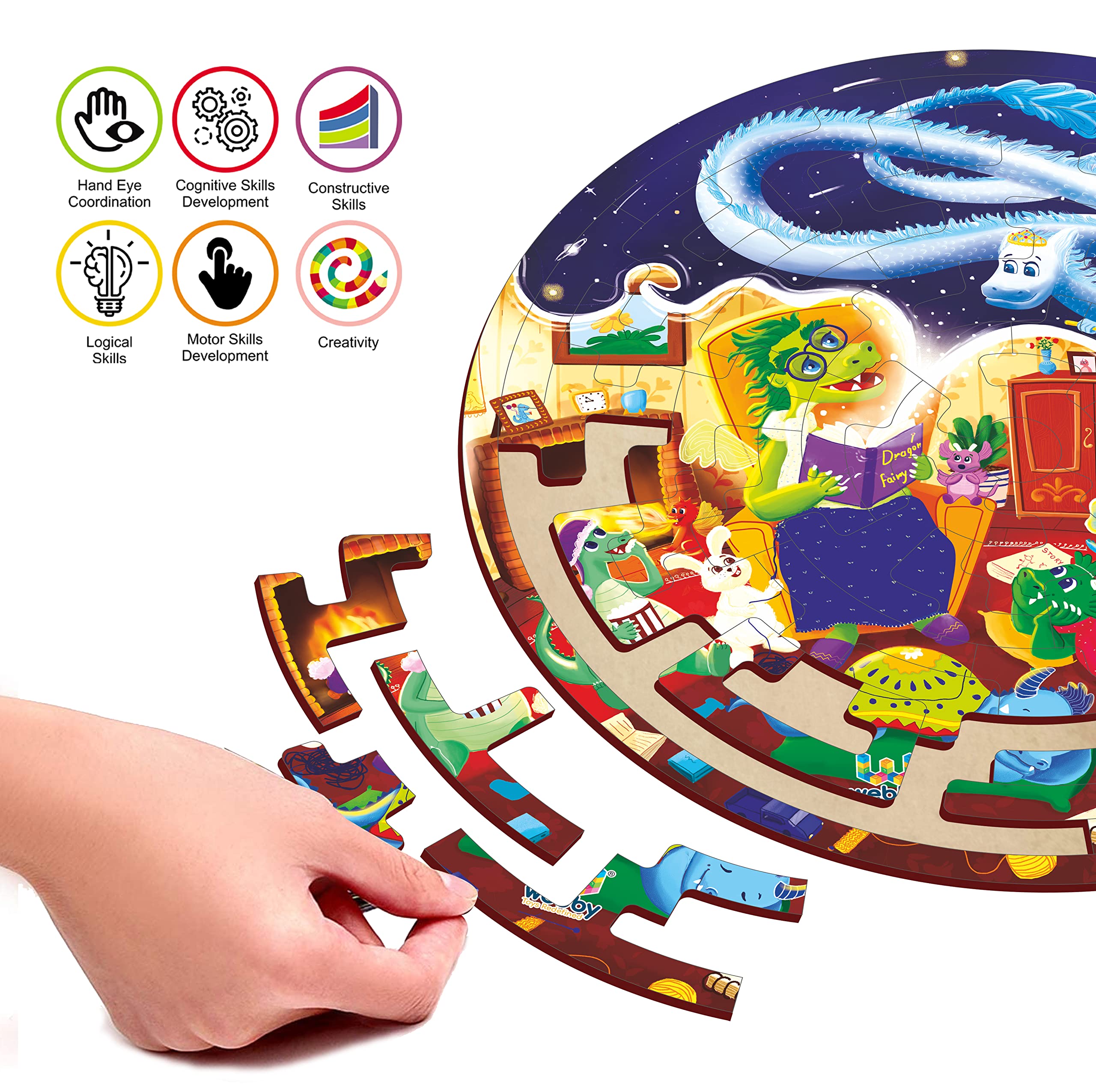 Webby Fazzle Dragon Land 50-Piece Wooden Fantasy Puzzle for Kids - Educational Toy with Display Stand for Boys & Girls - Perfect for Birthday Gifts, Classroom Activities & Family Game Nights