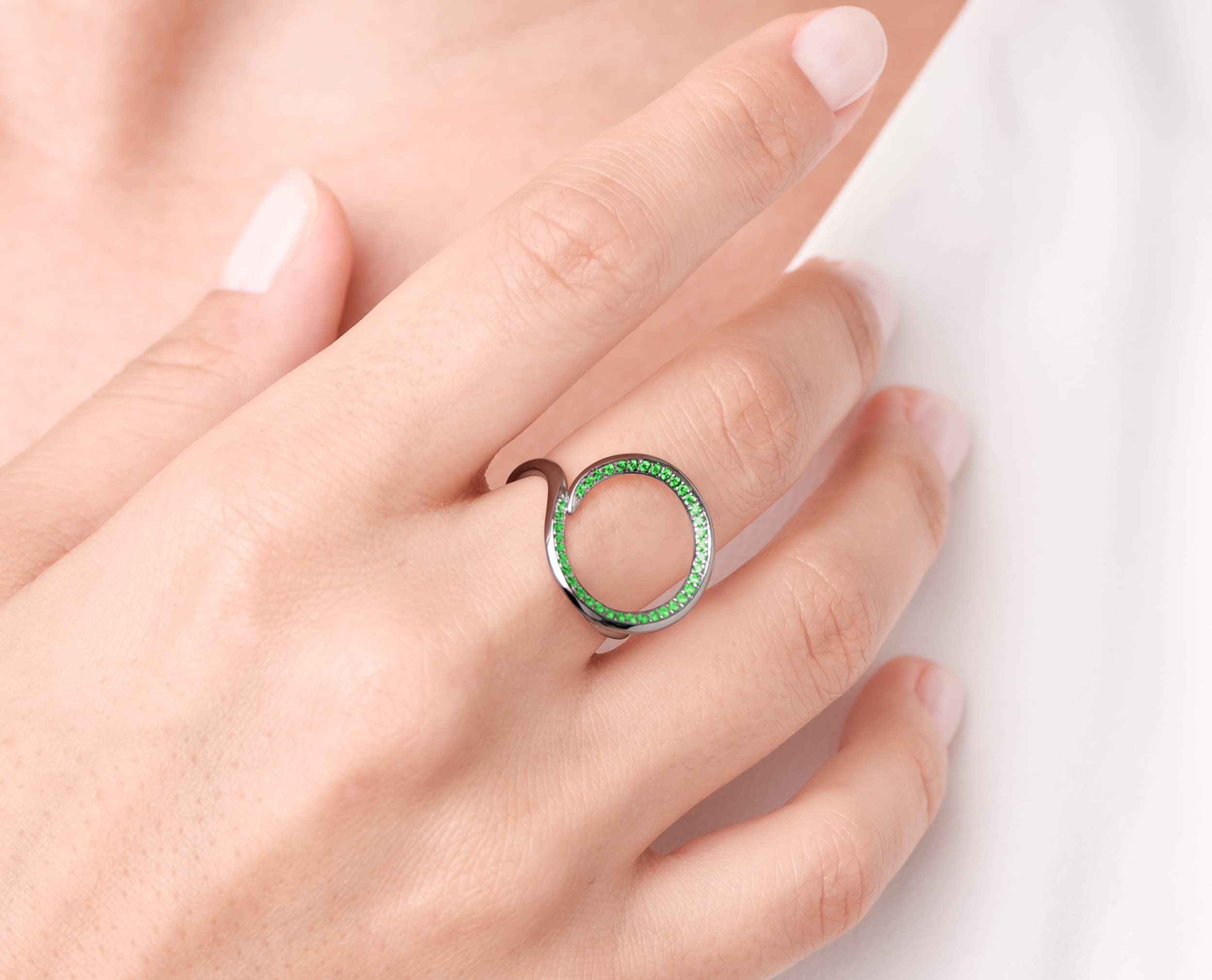 Tsavorite Green Gemstone Women's Wedding Ring Band - Alternative Black Gold Engagement Ring - Unique Halo Karma Open Circle Ring for Brides & Fashion Jewelry Lovers | Perfect for Weddings, Anniversaries & Special Occasions
