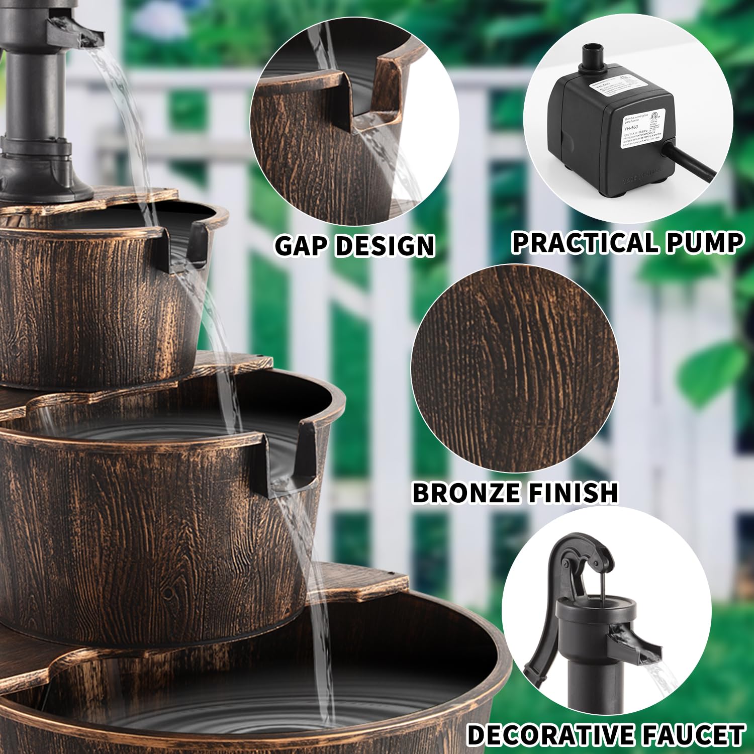 YI 40-Inch 3-Tier Barrel Waterfall Fountain - Rustic Wood Outdoor Water Feature with Pump for Garden, Patio, Backyard - Perfect for Relaxation & Landscape Decoration