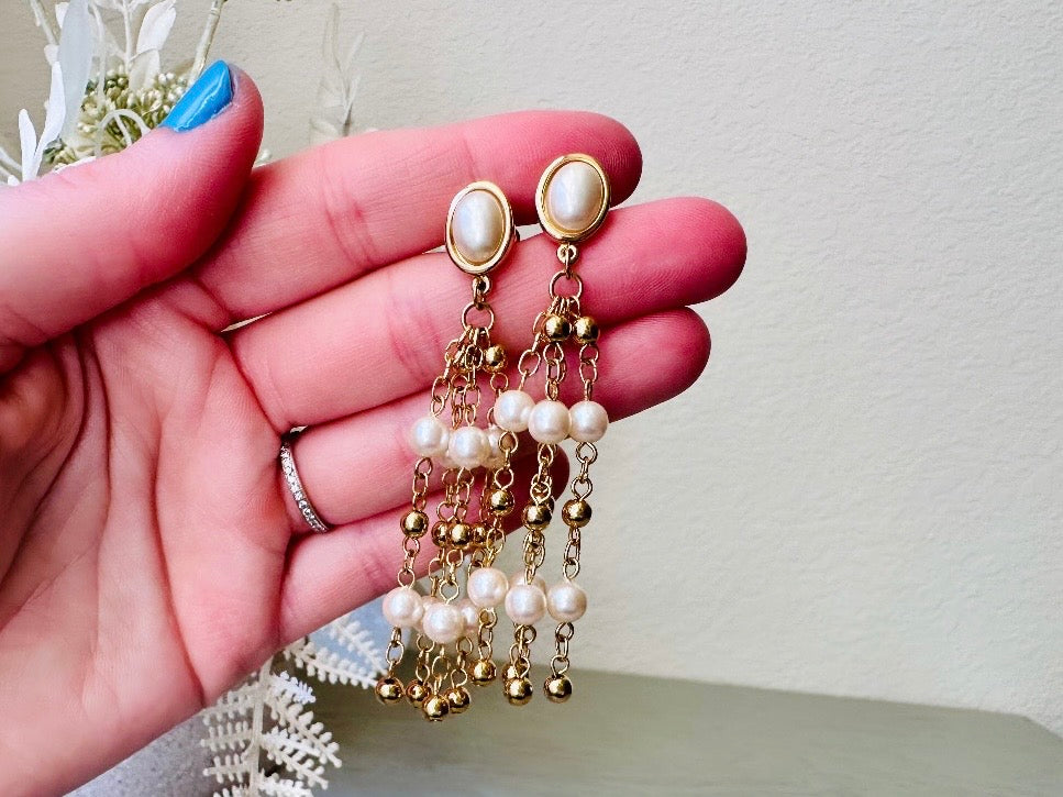 Vintage Trifari Pearl Chandelier Earrings - 1980s Signed Designer Jewelry with Delicate Gold Chain Tassels & Cream Pearls | Elegant Evening Wear, Bridal Accessories, Vintage Fashion Statement