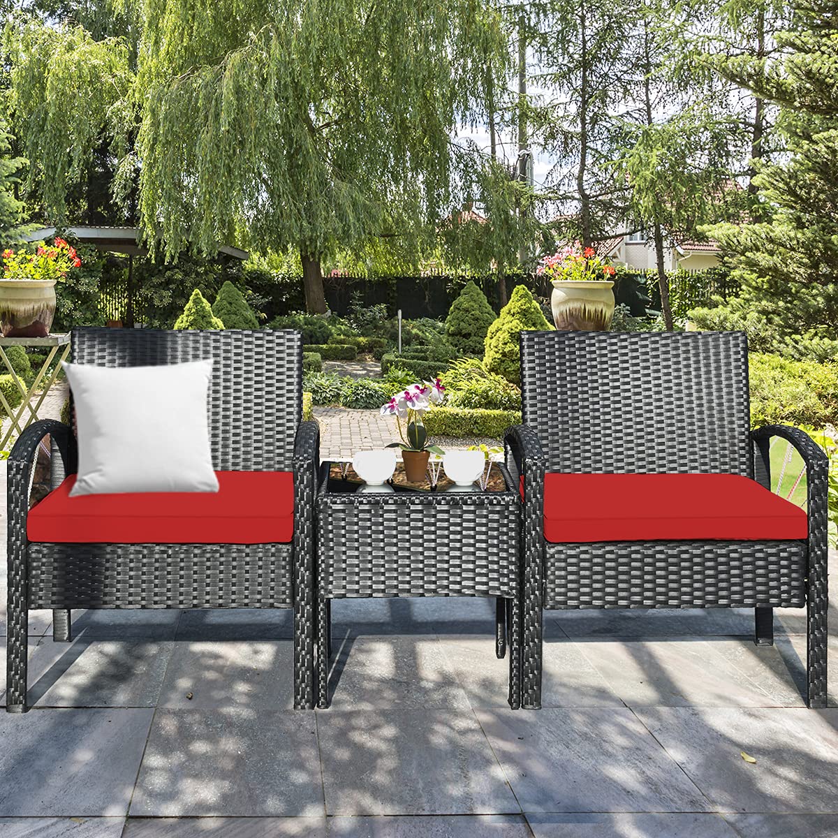 Tangkula 3-Piece Outdoor Patio Conversation Set - Wicker Rattan Sofa with Cushions & Coffee Table - Garden, Balcony, Backyard, Poolside Furniture (Red) - Perfect for Relaxing, Entertaining & Outdoor Lounging