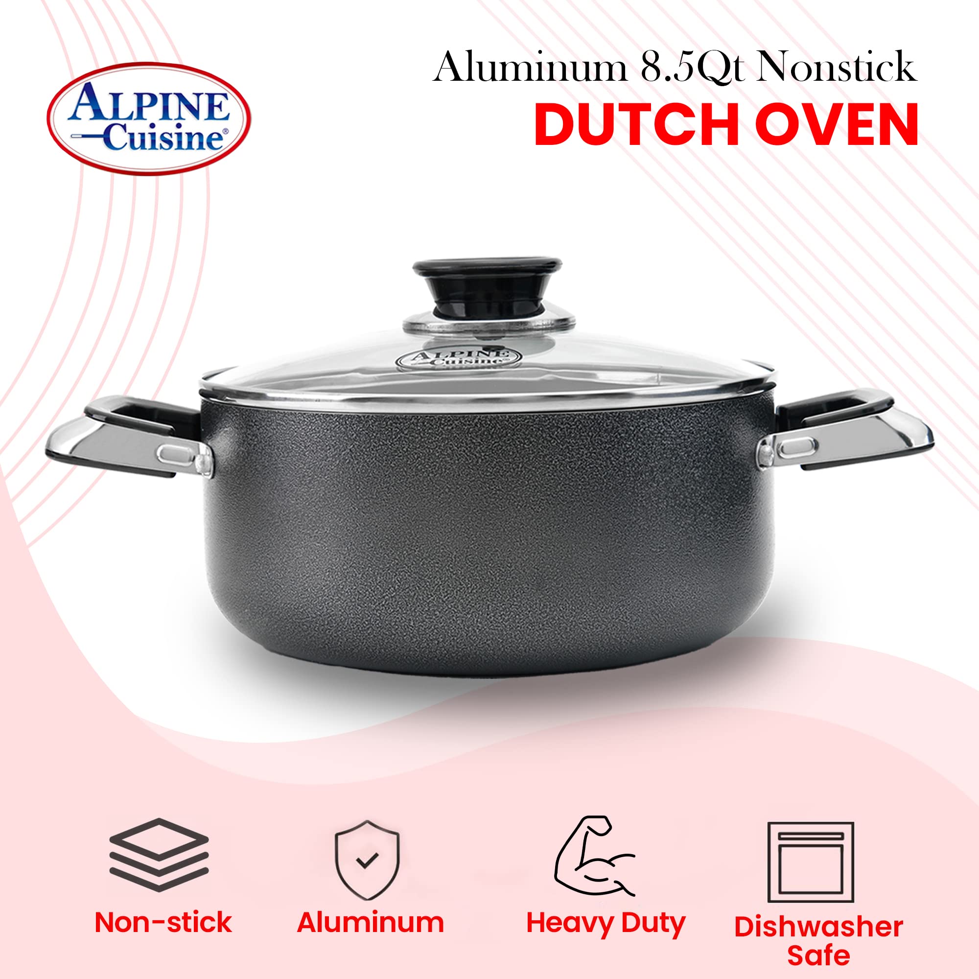Alpine Cuisine 8.5 Quart Non-Stick Aluminum Dutch Oven with Tempered Glass Lid - Multi-Purpose Cookware for Braising, Boiling, Stewing, Soups & Pasta - Perfect for Home Cooking, Camping & Large Family Meals