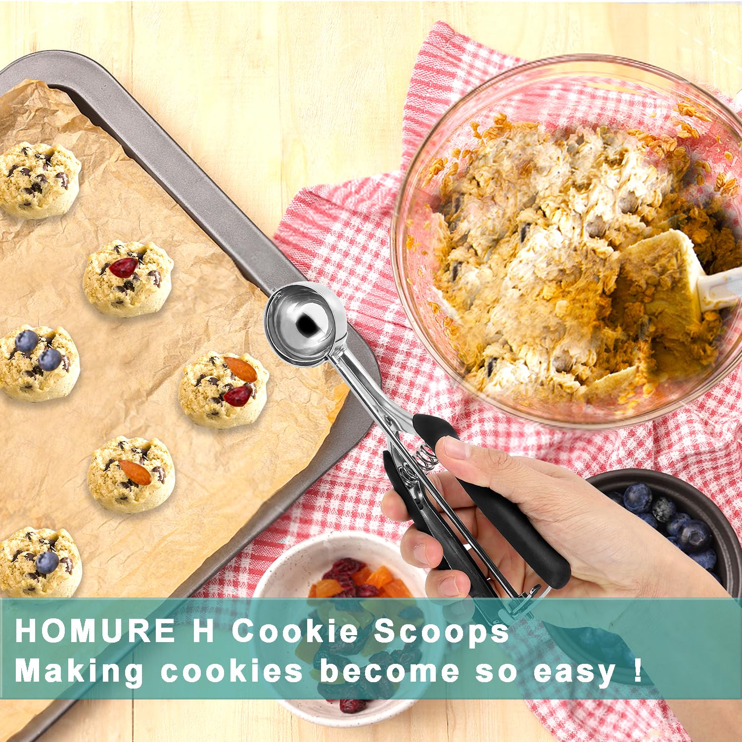 4 Tbsp Cookie Scoop - #16 Stainless Steel Cookie Dough Scoop with Spring-Loaded Mechanism (60ml/2oz) - Perfect for Baking Cookies, Muffins, Cupcakes & Ice Cream - Ergonomic Non-Slip Grip for Comfortable Use in Home Kitchens & Bakeries