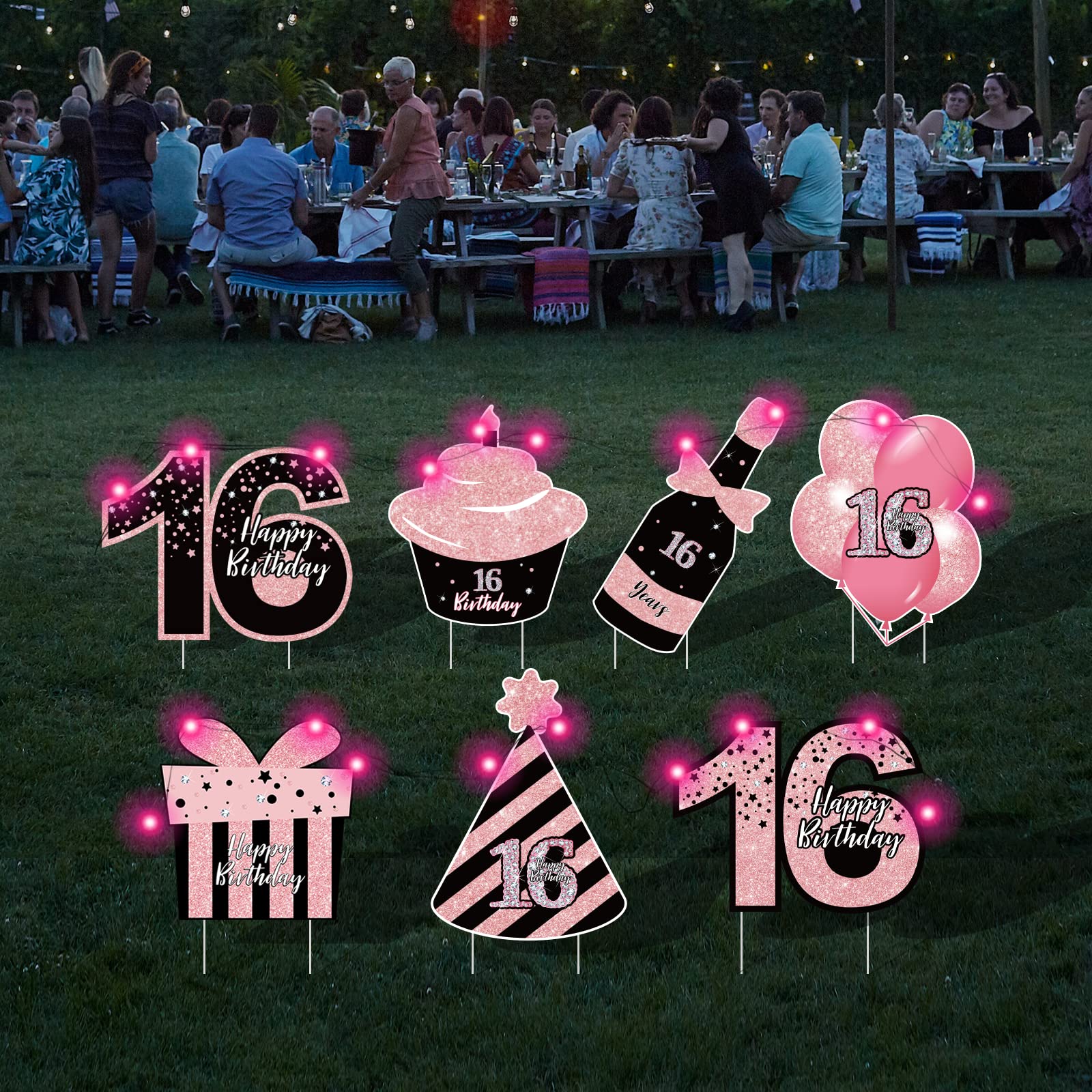 Sweet 16 Birthday Party Decorations - 7 Pcs Black & Pink Yard Signs with Stakes & 2 Pcs LED Lights | Sparkling Night Display | Weatherproof Outdoor Lawn Decor for Teen Girls Birthday, Graduation, Backyard Celebration