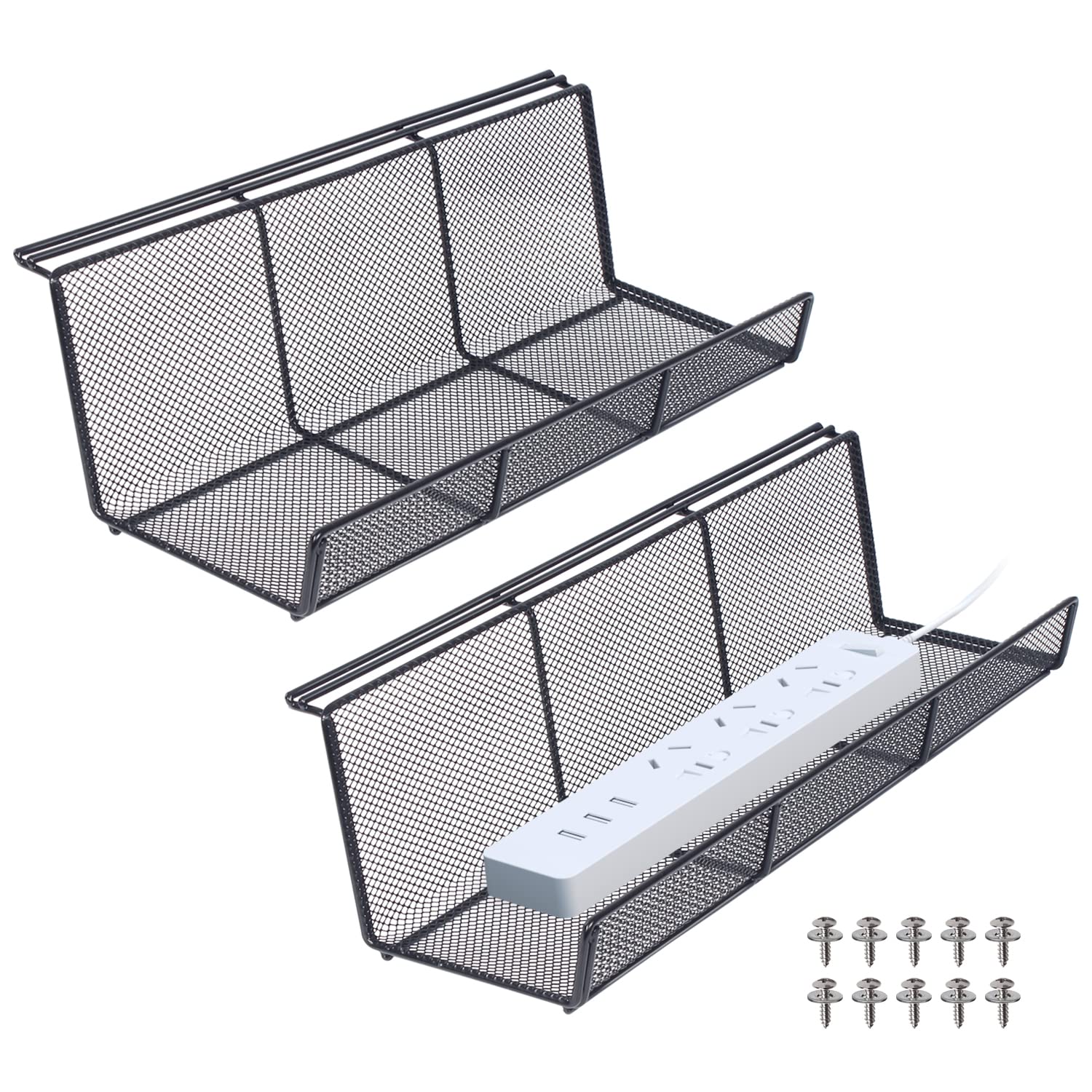 KEEGH Under Desk Cable Management Tray - 17 Inch Metal Cable Organizer Rack, Super Sturdy Cord Holder for Office & Home Desk (Set of 2, Black) | Perfect for Computer Wires, Power Strips & Home Office Organization