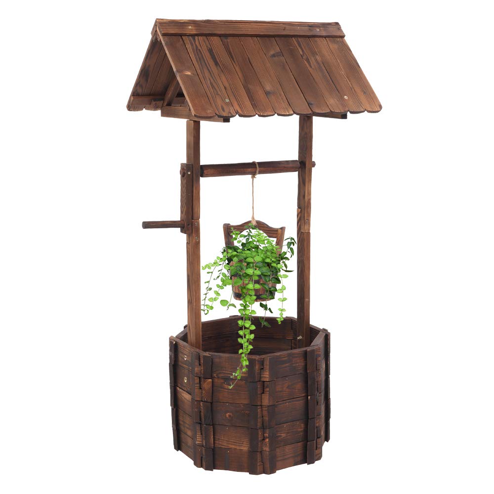 Adjustable Hanging Bucket Wooden Wishing Well Planter - Outdoor Flower Bed Decor for Garden, Yard, Patio & Home - Perfect for Hanging Plants, Herbs & Decorative Greenery