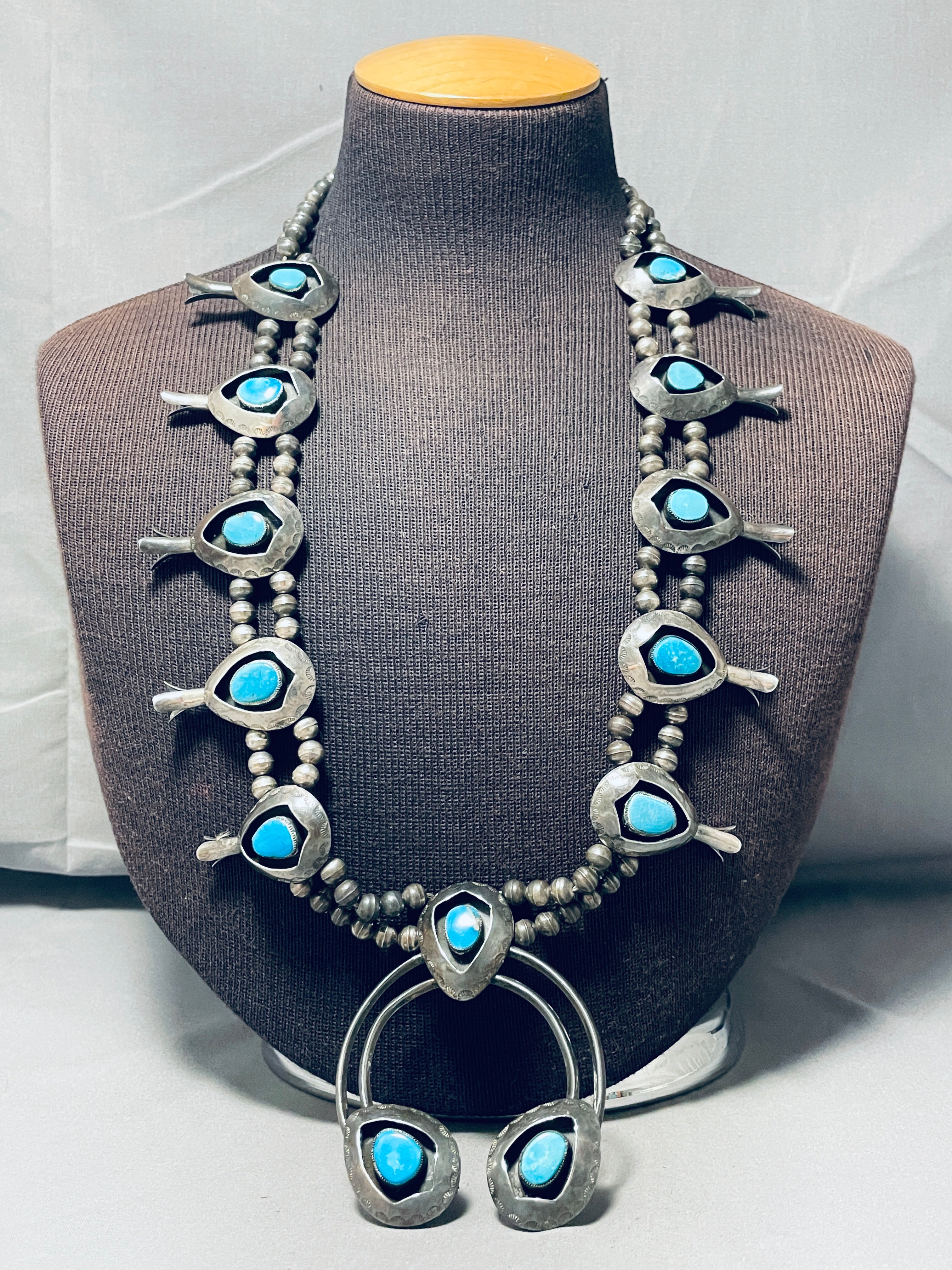 Vintage Navajo Turquoise Sterling Silver Squash Blossom Necklace - 178g Handmade Native American Jewelry for Women, Boho Chic Accessory | Perfect for Festivals, Weddings & Special Occasions