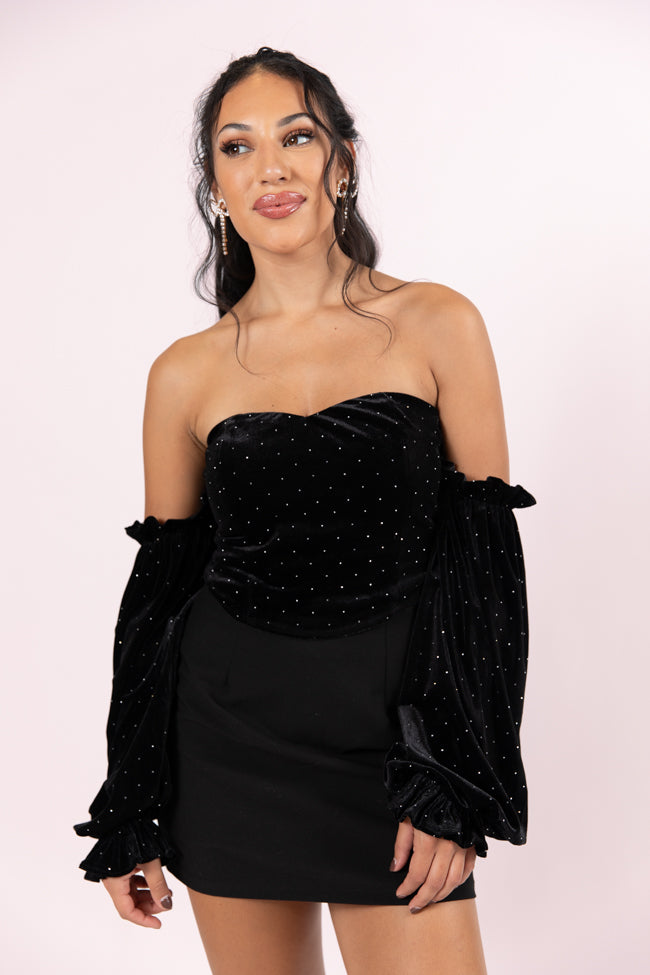 Brightest Star Black Off The Shoulder Rhinestone Studded Velvet Top for Women | Elegant Party Wear & Evening Outfits | Perfect for Date Nights, Prom & Special Occasions