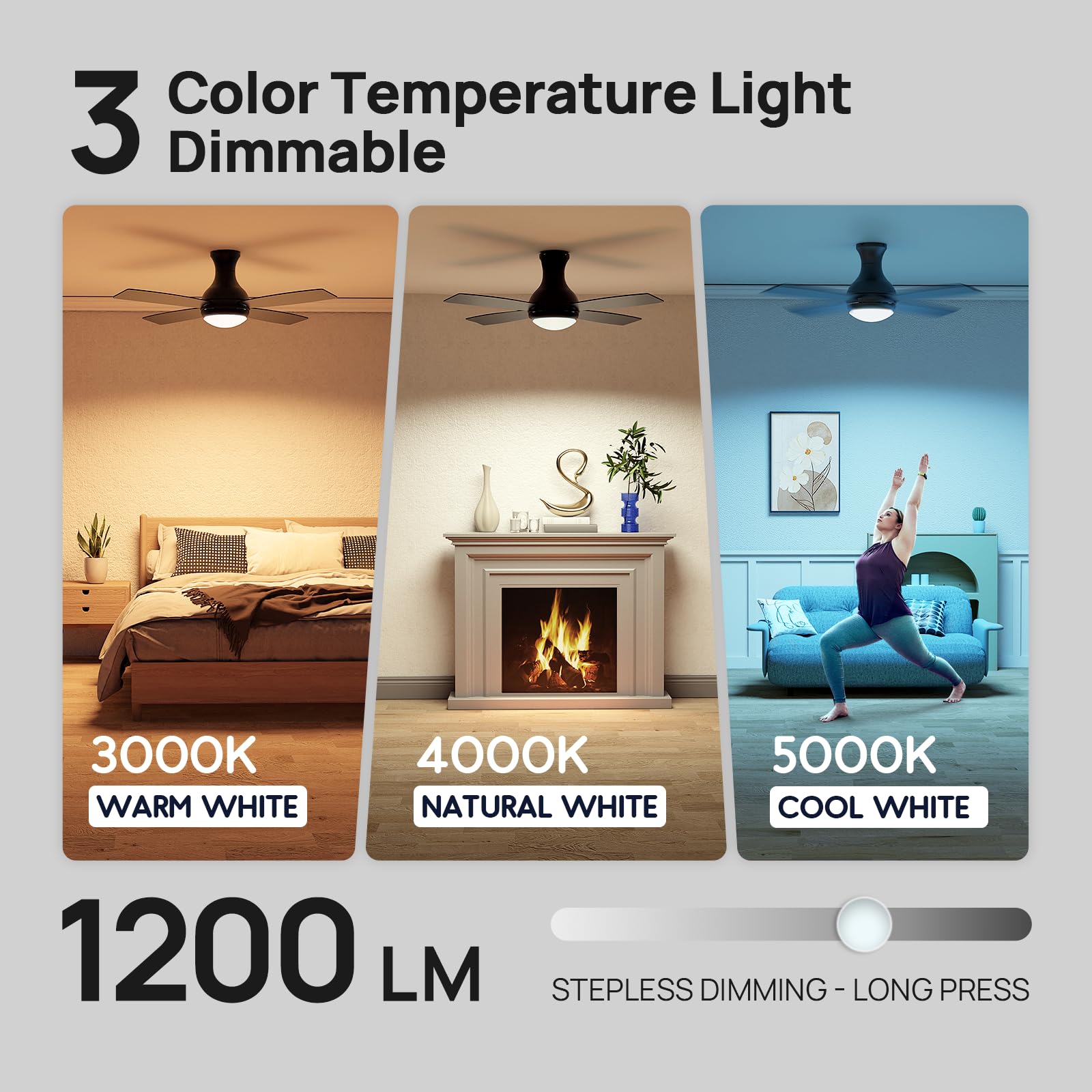 52 Inch Modern Black Ceiling Fan with Lights - Remote Control, Quiet Reversible DC Motor, Flush Mount, Dimmable 3CCT LED Light, Double Finish Blades - Perfect for Bedroom, Living Room, Office & Indoor Spaces