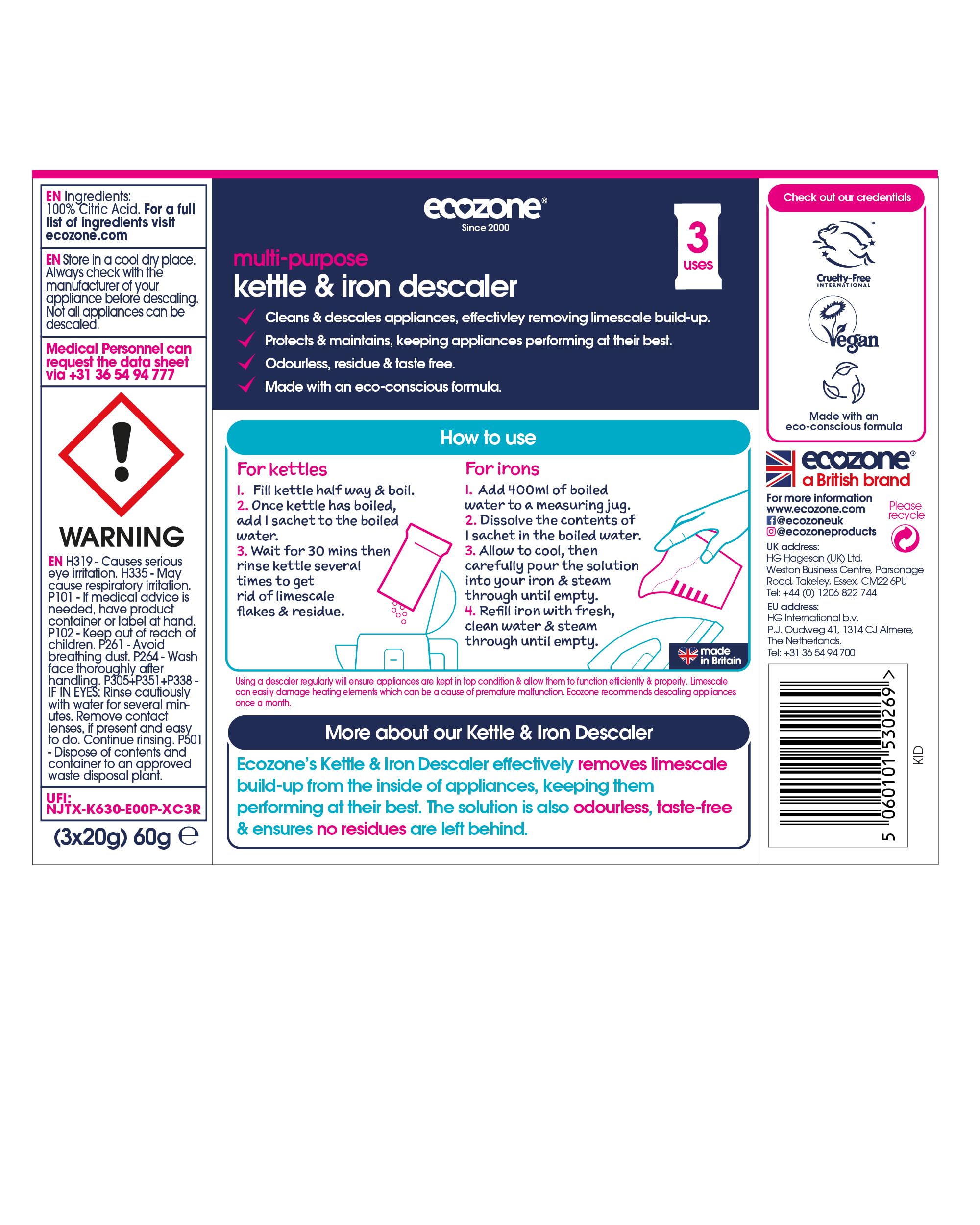 Kettle & Iron Descaler (3x20g) - Effective Limescale Remover for Coffee Makers, Teapots & Household Appliances | Fast Cleaning Solution for Kitchen & Home