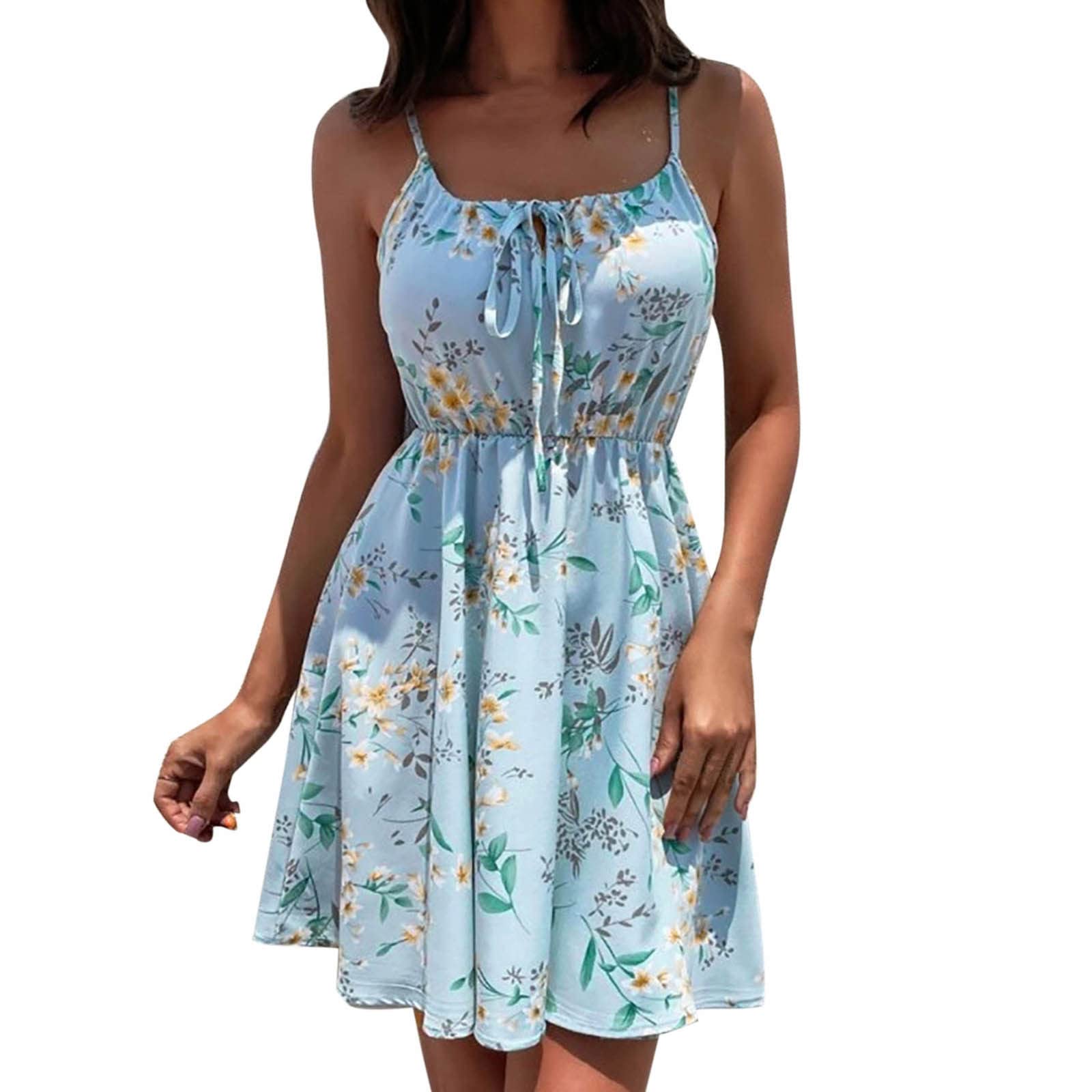 Women's Floral Print Spaghetti Strap Sun Dress - Summer Sleeveless Short Dress with Crewneck 2022 | Beach Vacation, Date Night & Casual Outfit