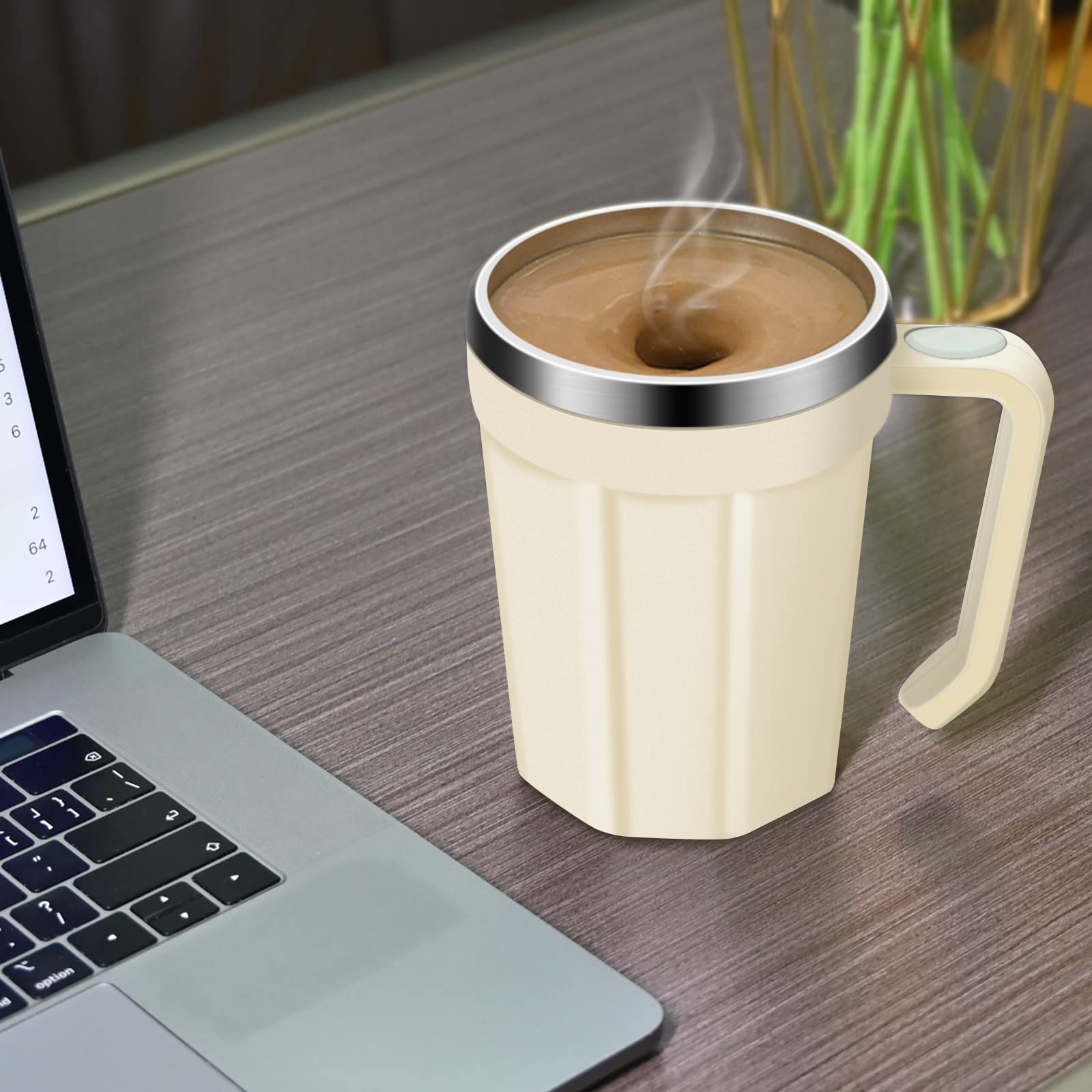 Self Stirring Coffee Mug - 18 oz Automatic Magnetic Electric Mixing Cup, Stainless Steel Travel Mug for Coffee, Tea, Hot Chocolate & Milk - Perfect for Office, Home & Kitchen Use (White)