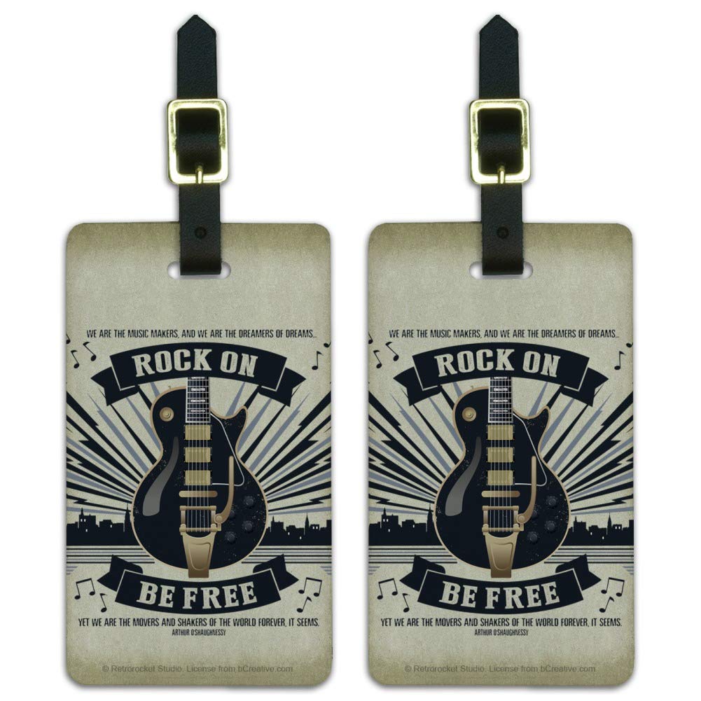 Rock On Be Free Guitar Luggage ID Tags - Set of 2 Suitcase Carry-On Cards for Travel, Music Festival & Concert Goers