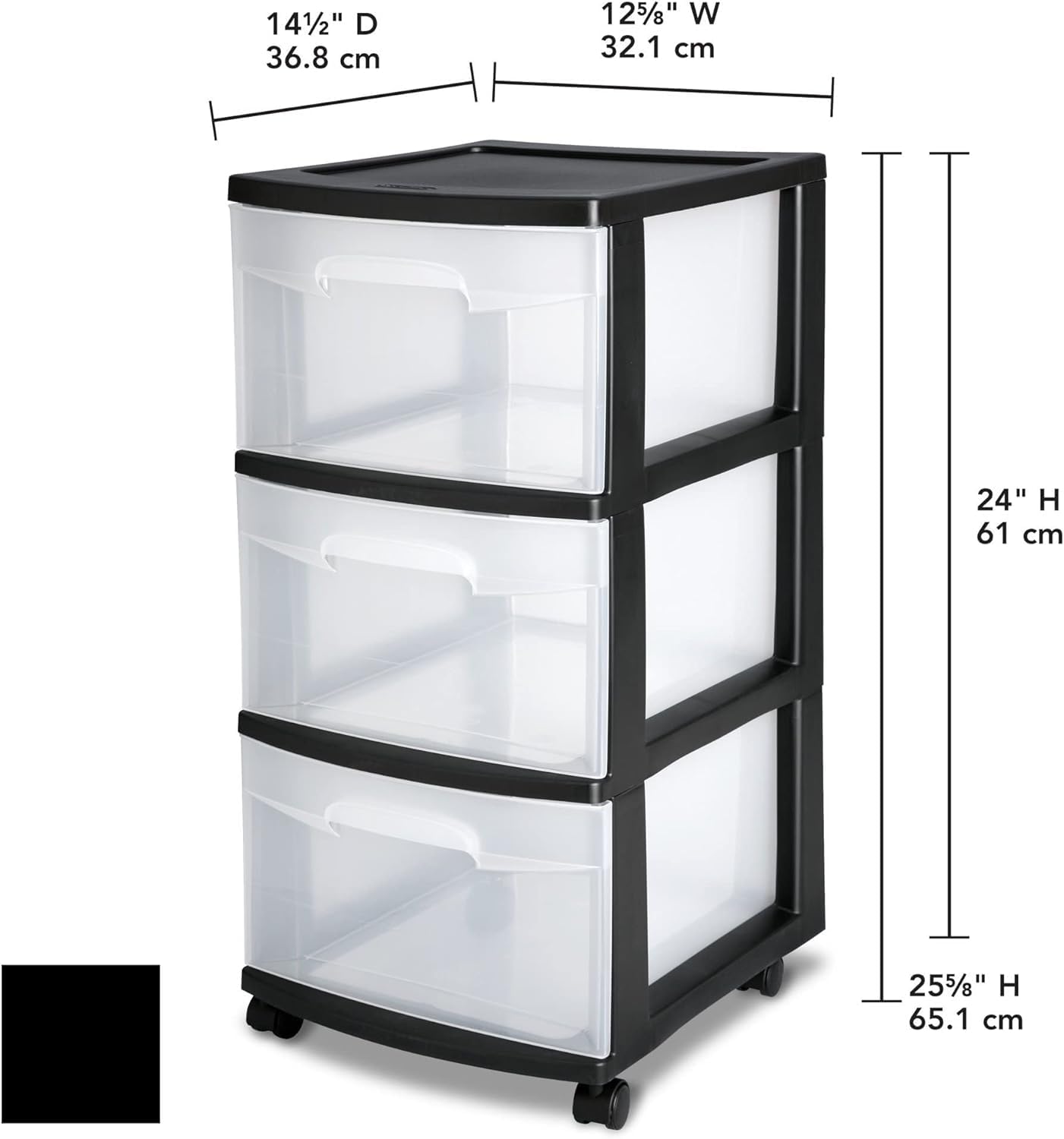 3-Drawer Plastic Storage Cart with Removable Wheels - Medium Home Organization Solution for Bedroom, Closet & Office - Black (Set of 1)