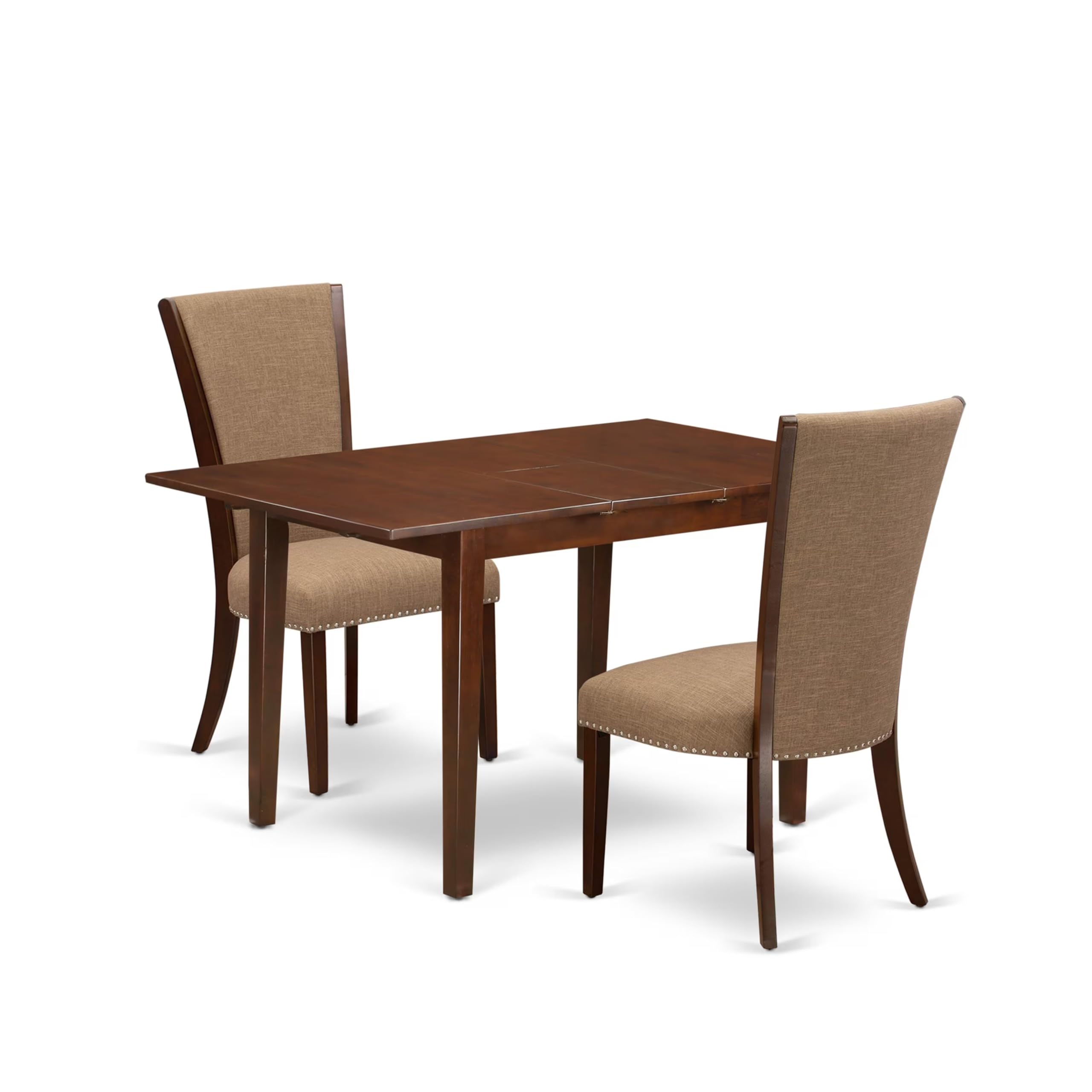 East West Furniture 3-Piece Kitchen Table Set with Butterfly Leaf - Rectangle Dining Table & 2 Light Sable Linen Parson Chairs, 32x54 Inch, Mahogany - Perfect for Small Spaces, Breakfast Nooks & Cozy Dining Areas