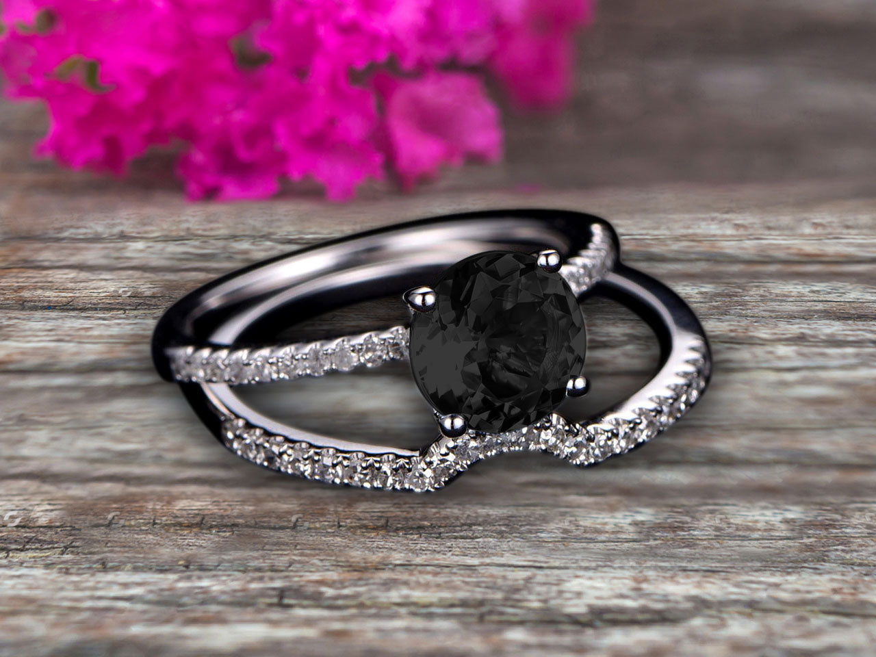 1.50 Carat Round Cut Black Diamond Moissanite Engagement Ring Set in 10k White Gold with Matching Wedding Band - Perfect for Proposals, Anniversaries & Bridal Jewelry