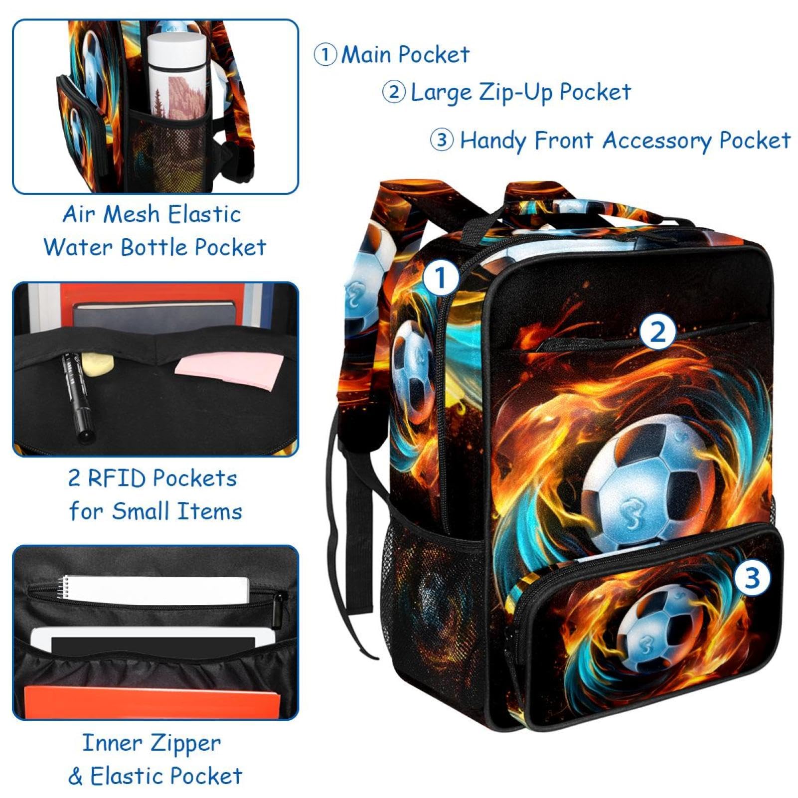 Premium Travel Backpack for Men & Women - Durable Flaming Football Design Backpack for Hiking, Gym, Work & College | Water-Resistant & Comfortable