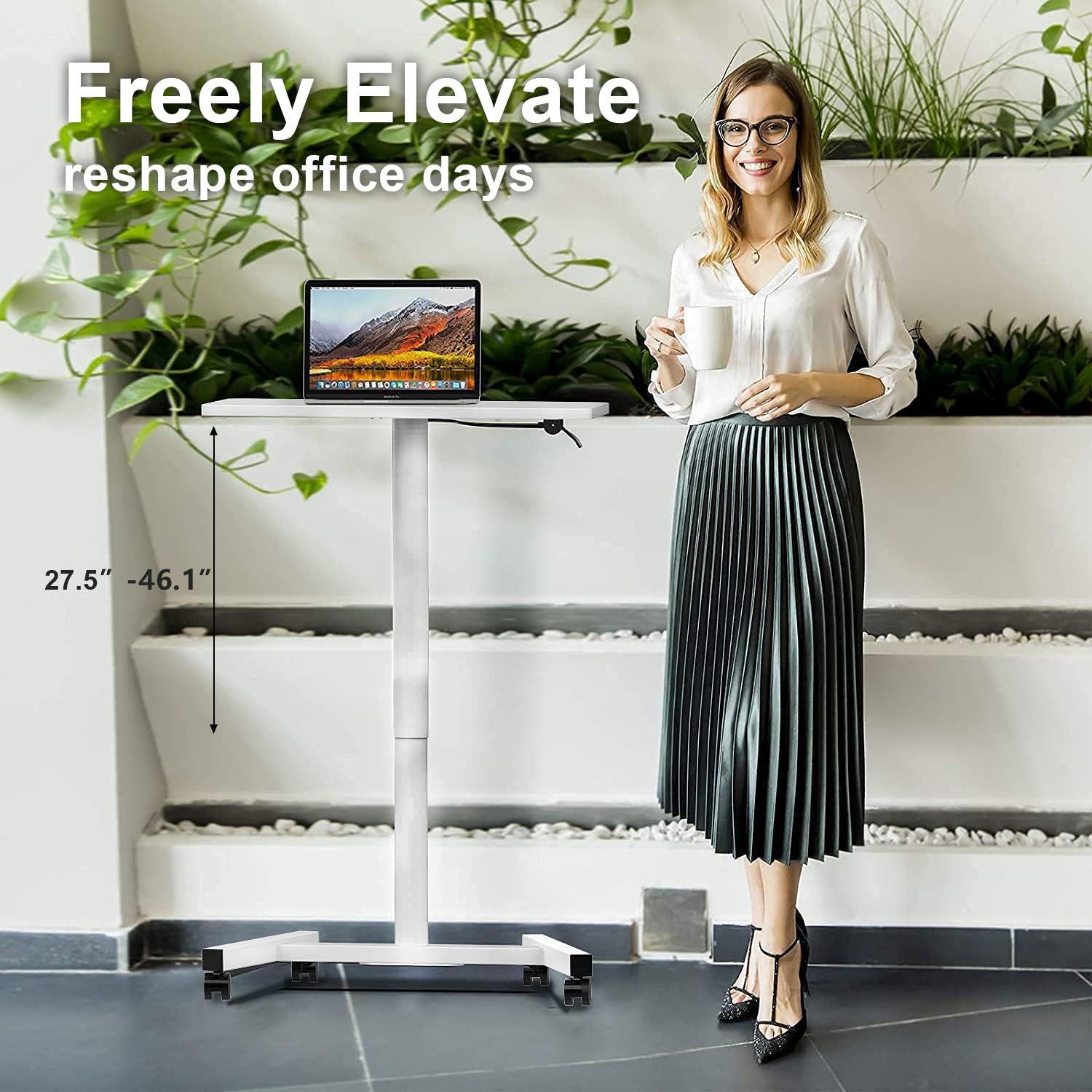 28-Inch Adjustable Height Mobile Standing Desk with Lockable Wheels - Portable Rolling Workstation for Home Office, Classroom, Hospital - Perfect for Remote Work, Study & Healthcare (Snow White)