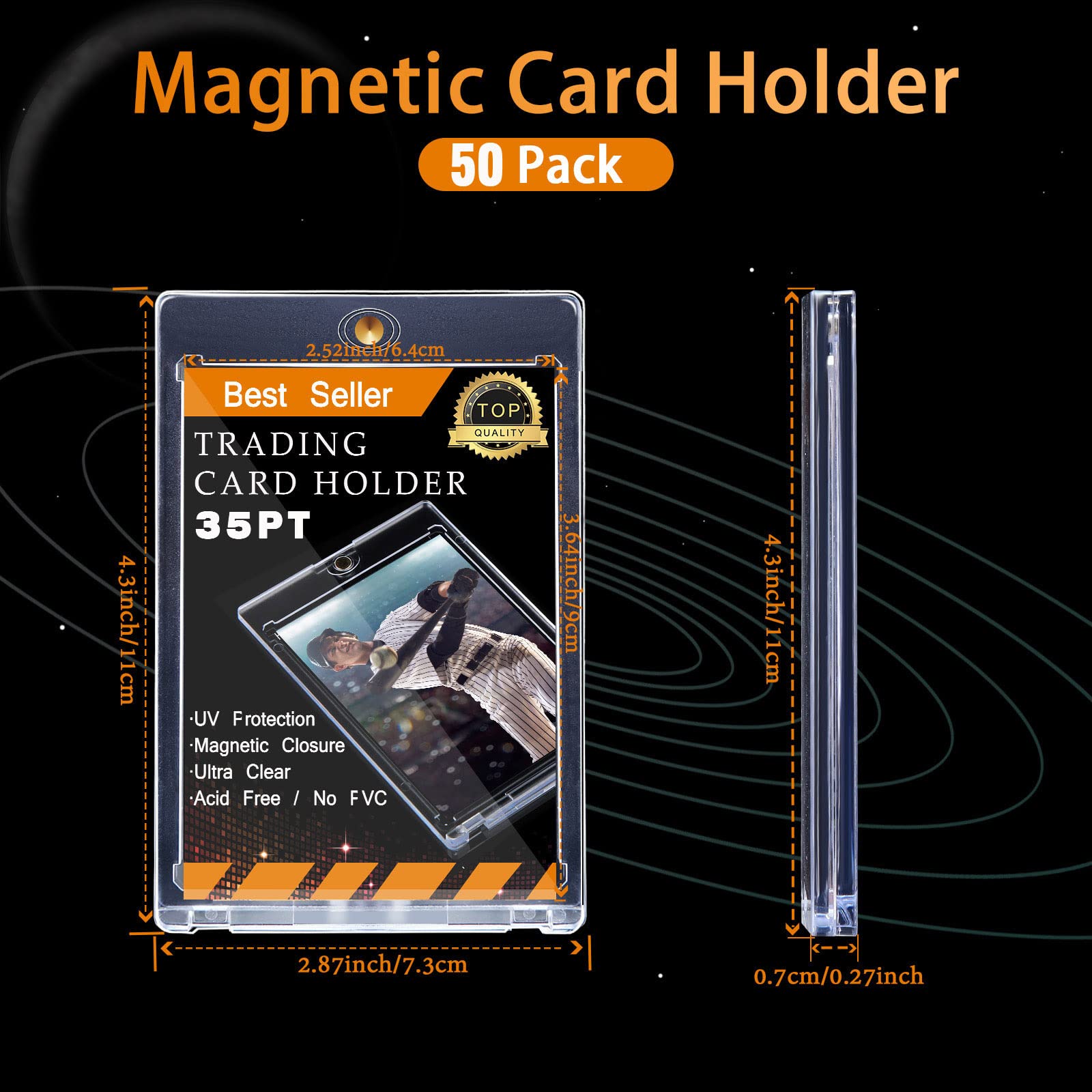 50-Pack Magnetic Card Holders for Trading Cards - 35 Pt Hard Plastic Protector Cases for Standard Size Baseball, Football & Sports Cards - Perfect for Collecting, Storing & Displaying Valuable Cards (Home, Office, Game Room Use)