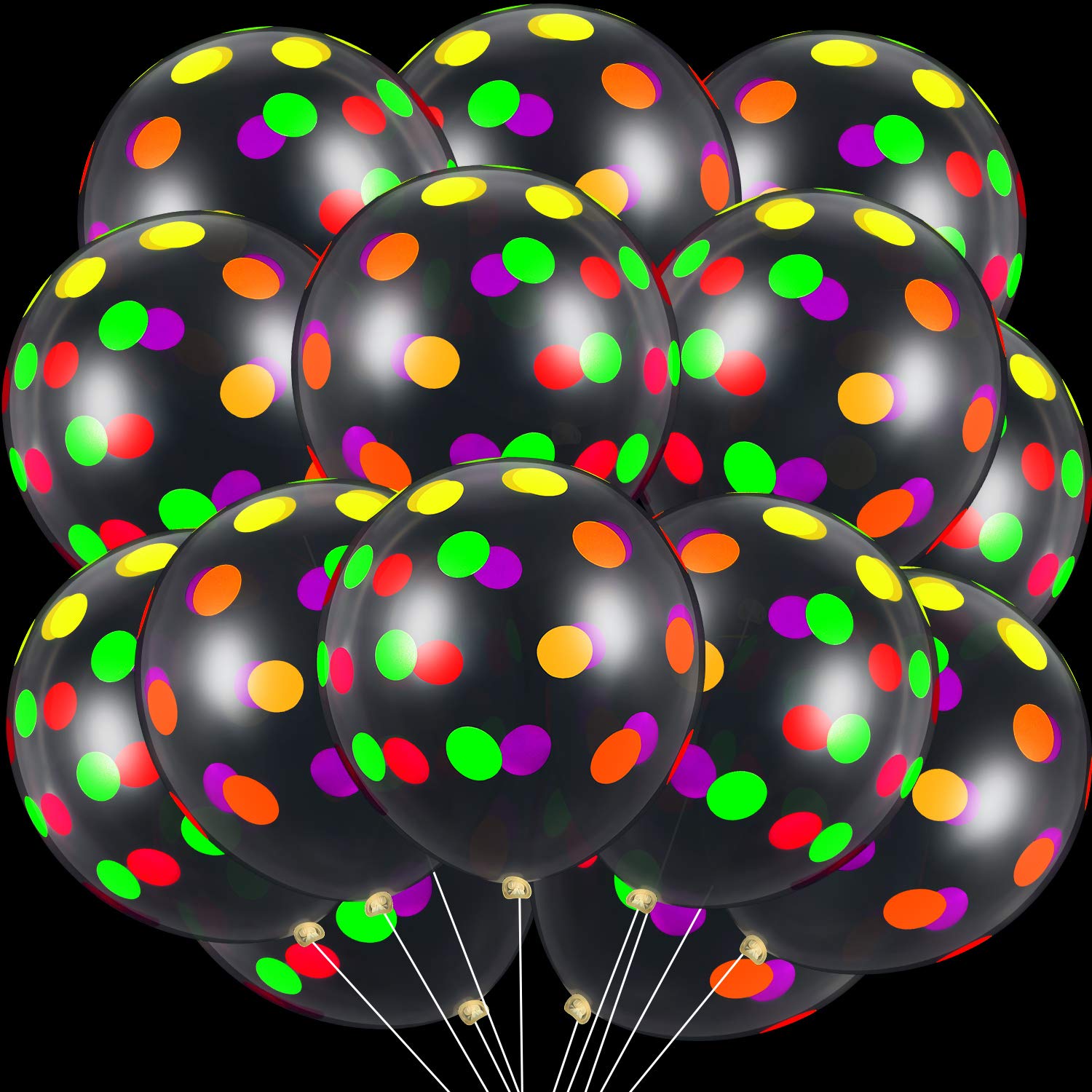 40-Piece Neon Glow in The Dark Balloons - Black Party Balloons with Neon Polka Dots, Fluorescent Birthday & Wedding Decorations - Perfect for Night Parties, Halloween Events, and Glow-Themed Celebrations