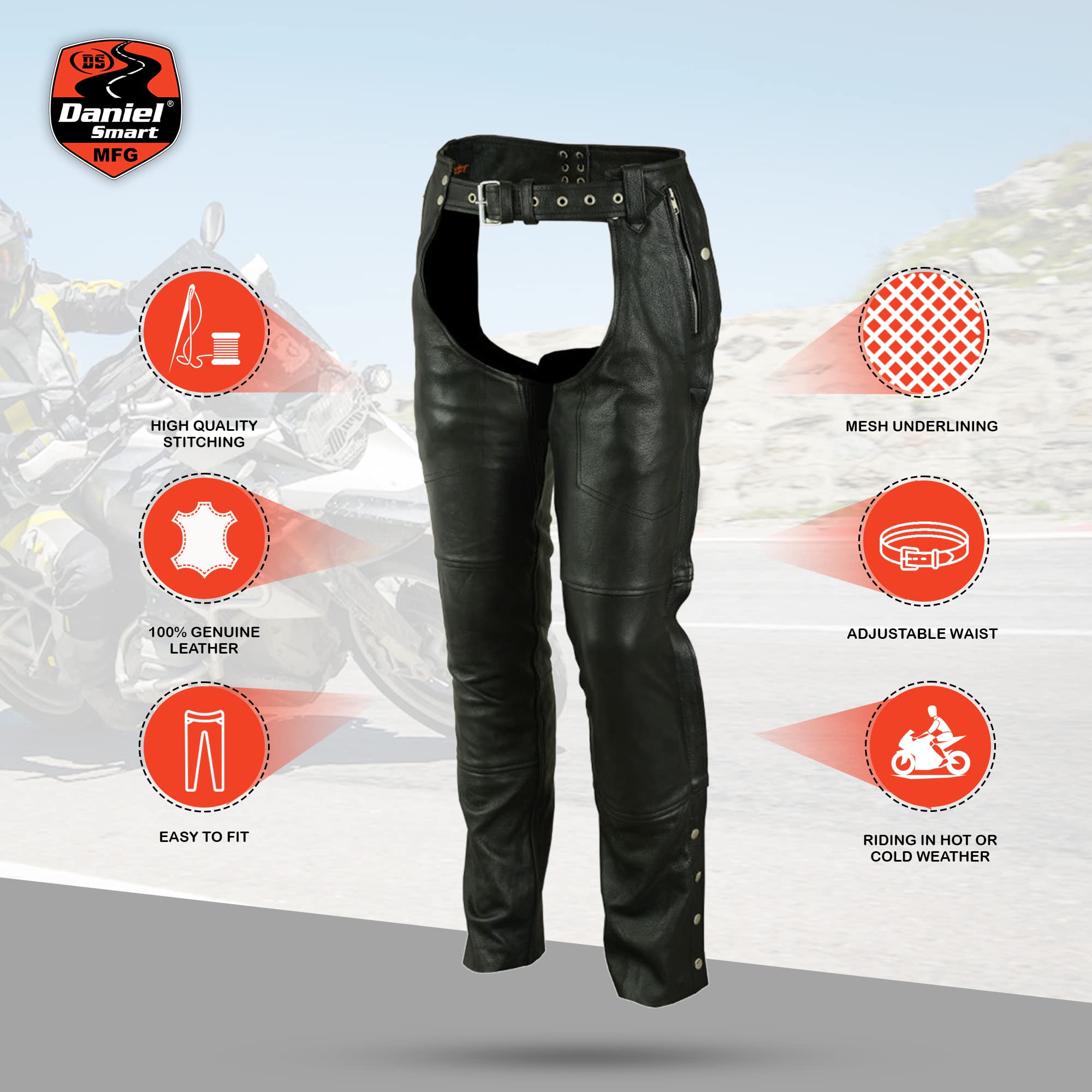 Daniel Smart Motorcycle Leather Chaps - All Season Unisex Biker Pants with Adjustable Fit & Convenient Pockets | Perfect for Harley, Cruiser & Road Trips