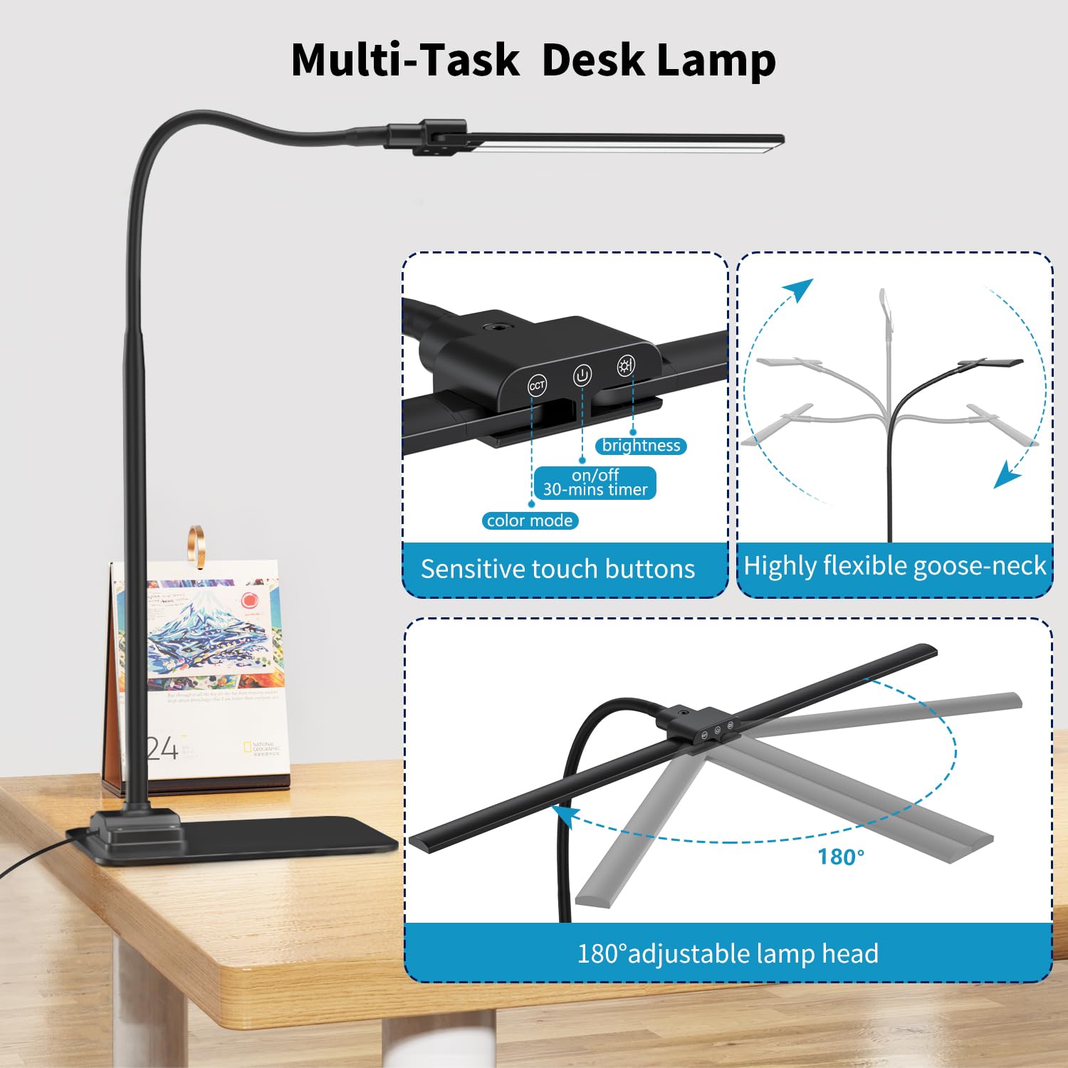 KableRika Dual LED Desk Lamp - Adjustable Brightness Eye-Caring Light for Home Office, Reading & Computer Work - Dimmable Task Lighting with Sturdy Base - Perfect for Studying, Drafting & Nighttime Workspaces