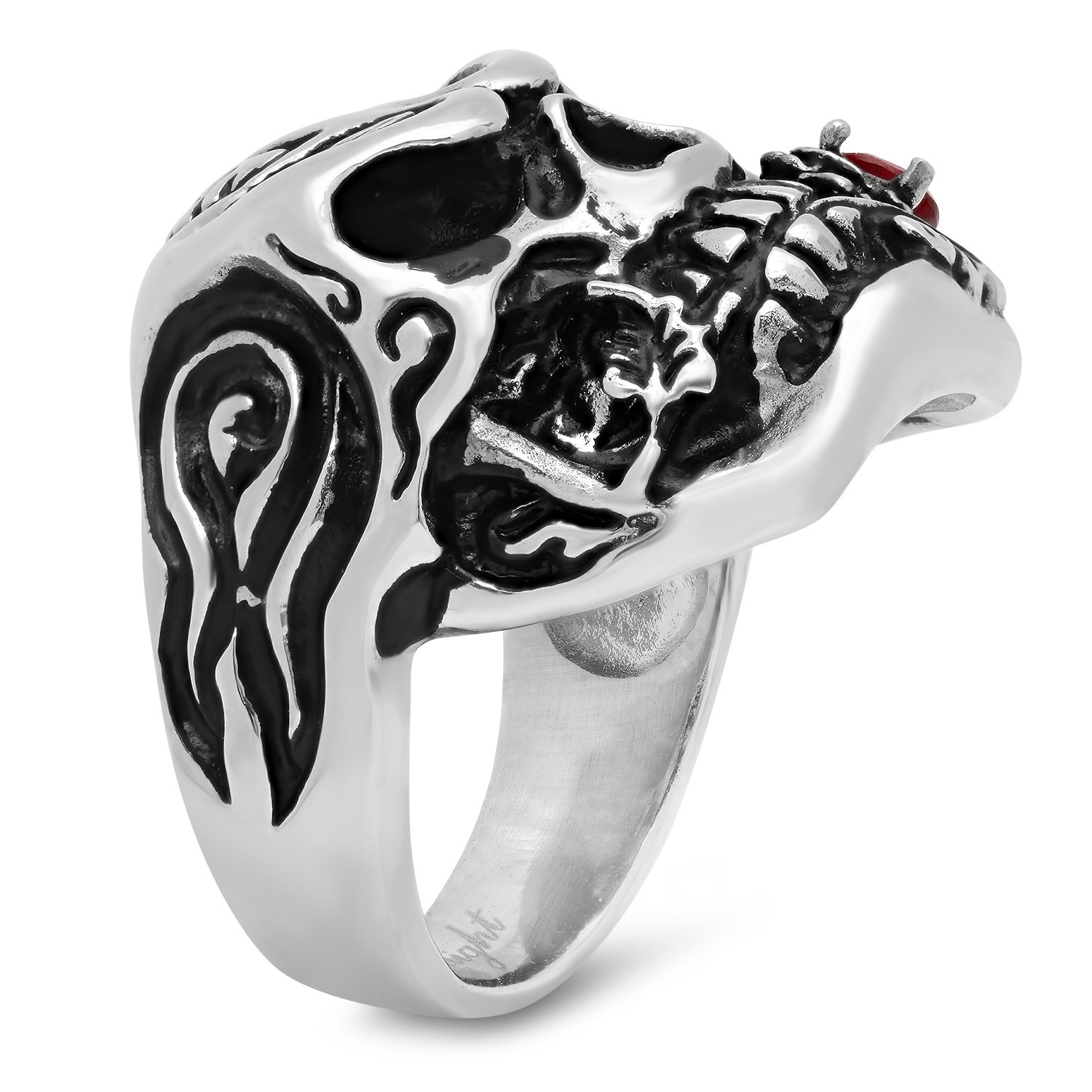 The Bling Factory Menacing Skull Biting Red Rose Ring for Men - Stainless Steel Gothic Jewelry - Perfect for Punk Fashion, Gothic Style & Alternative Outfits