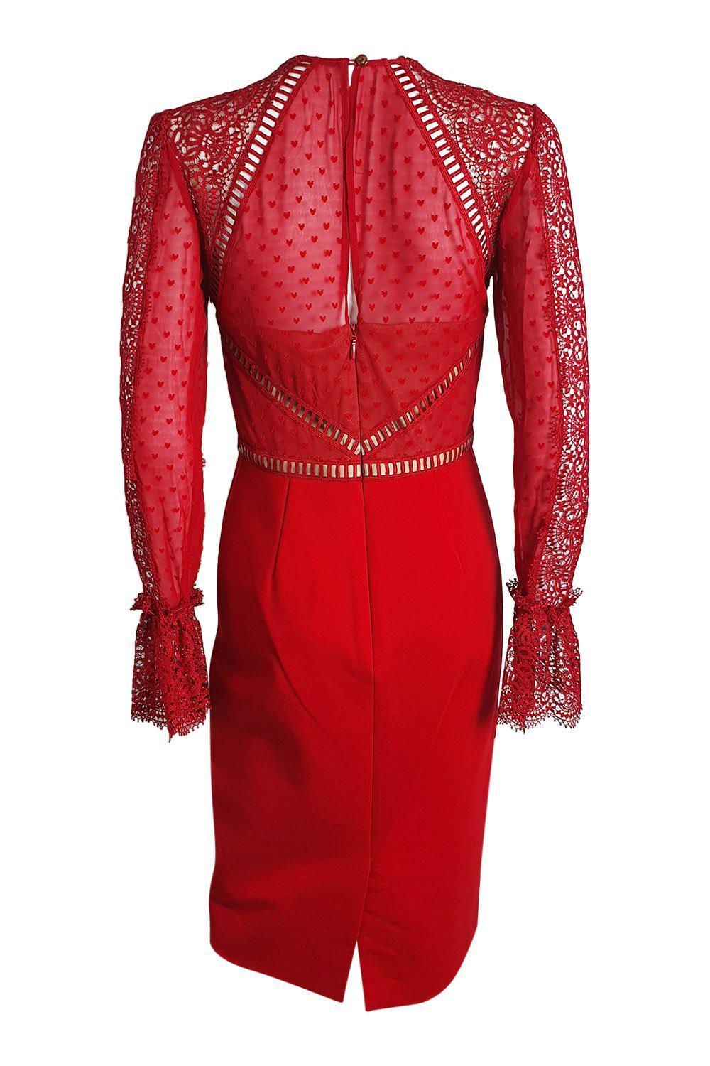 CATHERINE DEANE Nieve Macramé Lace Swiss Dot Chiffon Red Cocktail Dress | UK Size 8 | Perfect for Weddings, Parties & Special Occasions
